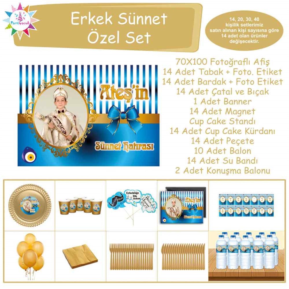 Sünnet Gold Mavi Boncuklu Parti Süsleri Özel Set 