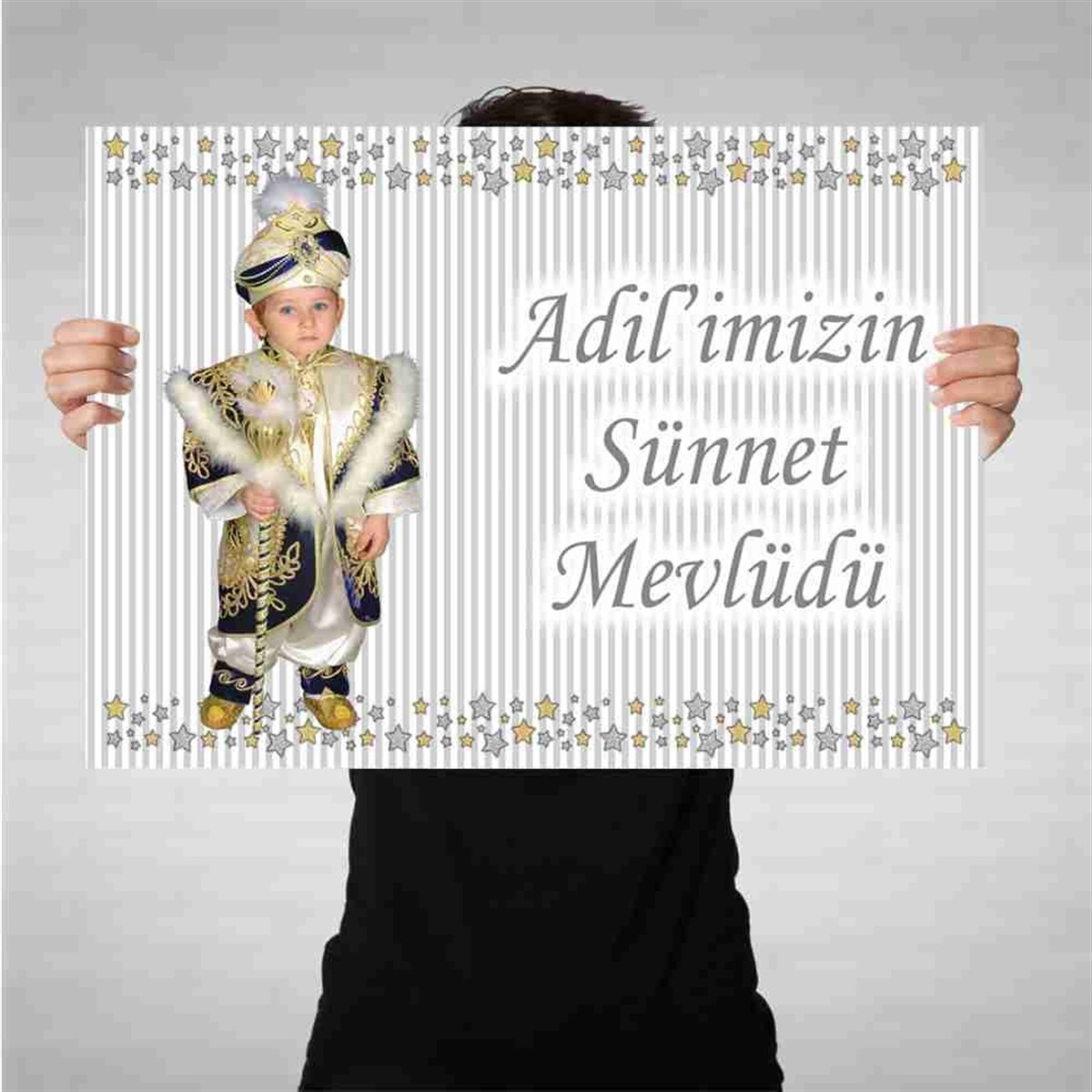 Sünnet Gold ve Gümüş Yıldız Süslemeli Bez Afiş 