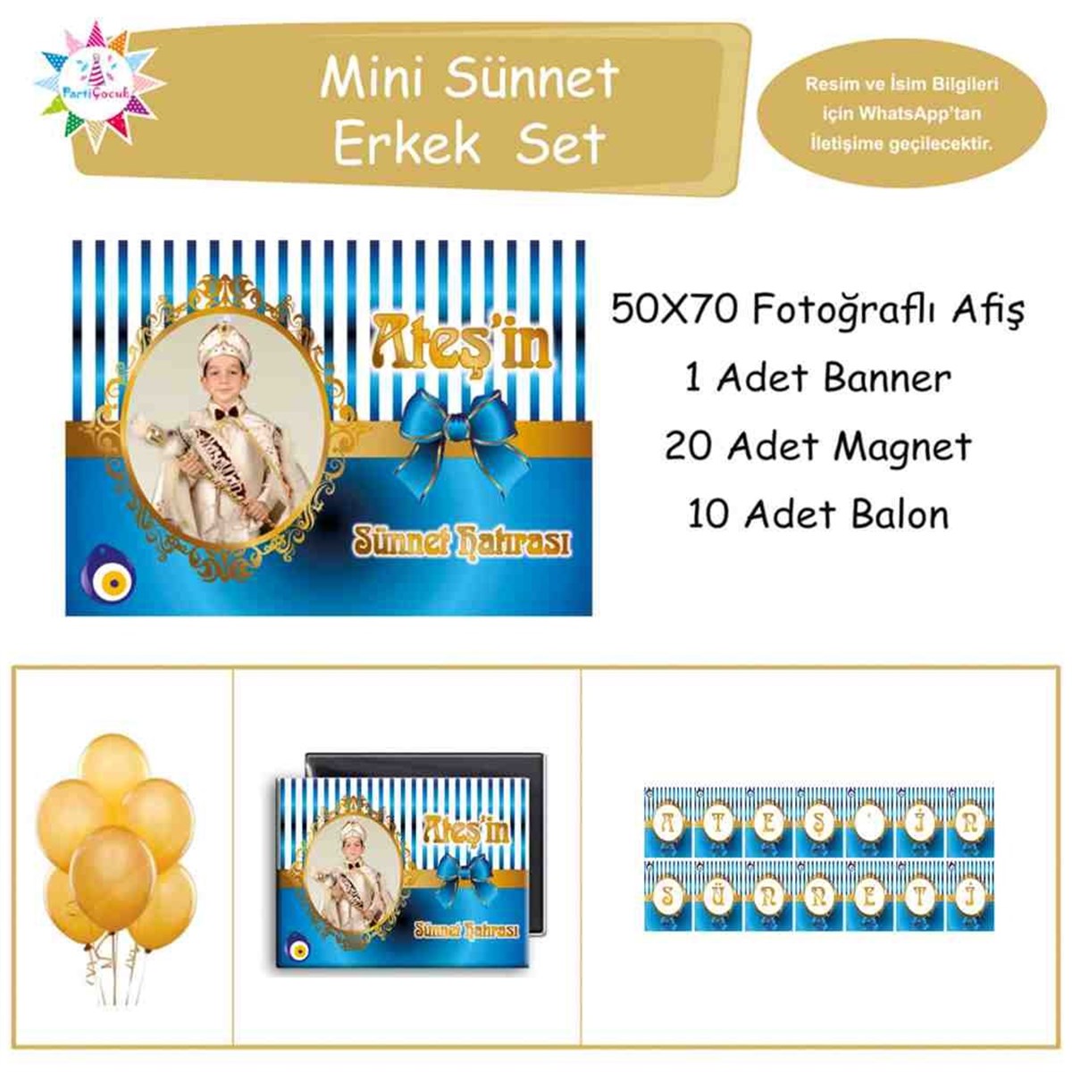 Sünnet İsimli Resimli Süsleri Gold Mavi Boncuklu Parti Süsleri Mini Set 