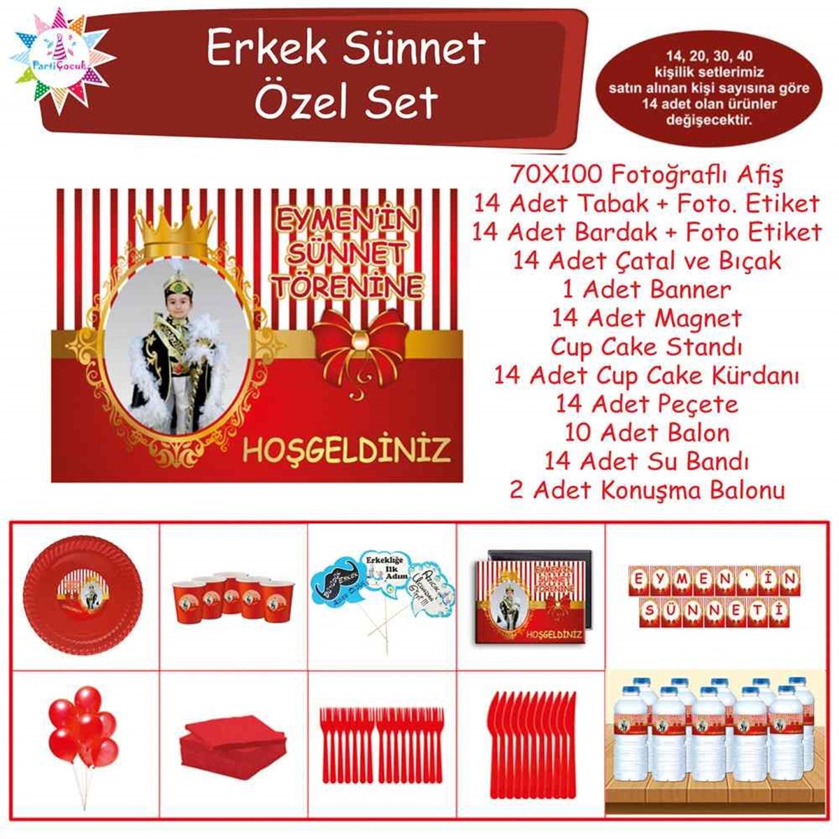 Sünnet Kırmızı Gold Taçlı Konsept Parti Süsü Özel Set 