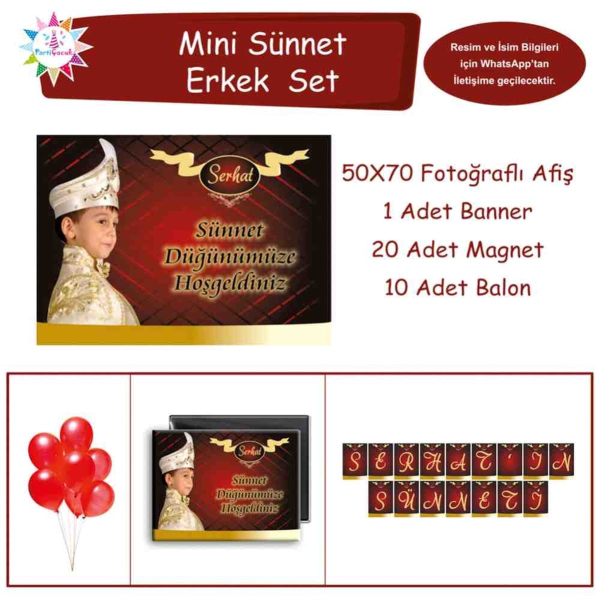 Sünnet Kişiye Özel Gold ve Koyu Kırmızı Sünnet Süsleri Mini Set 