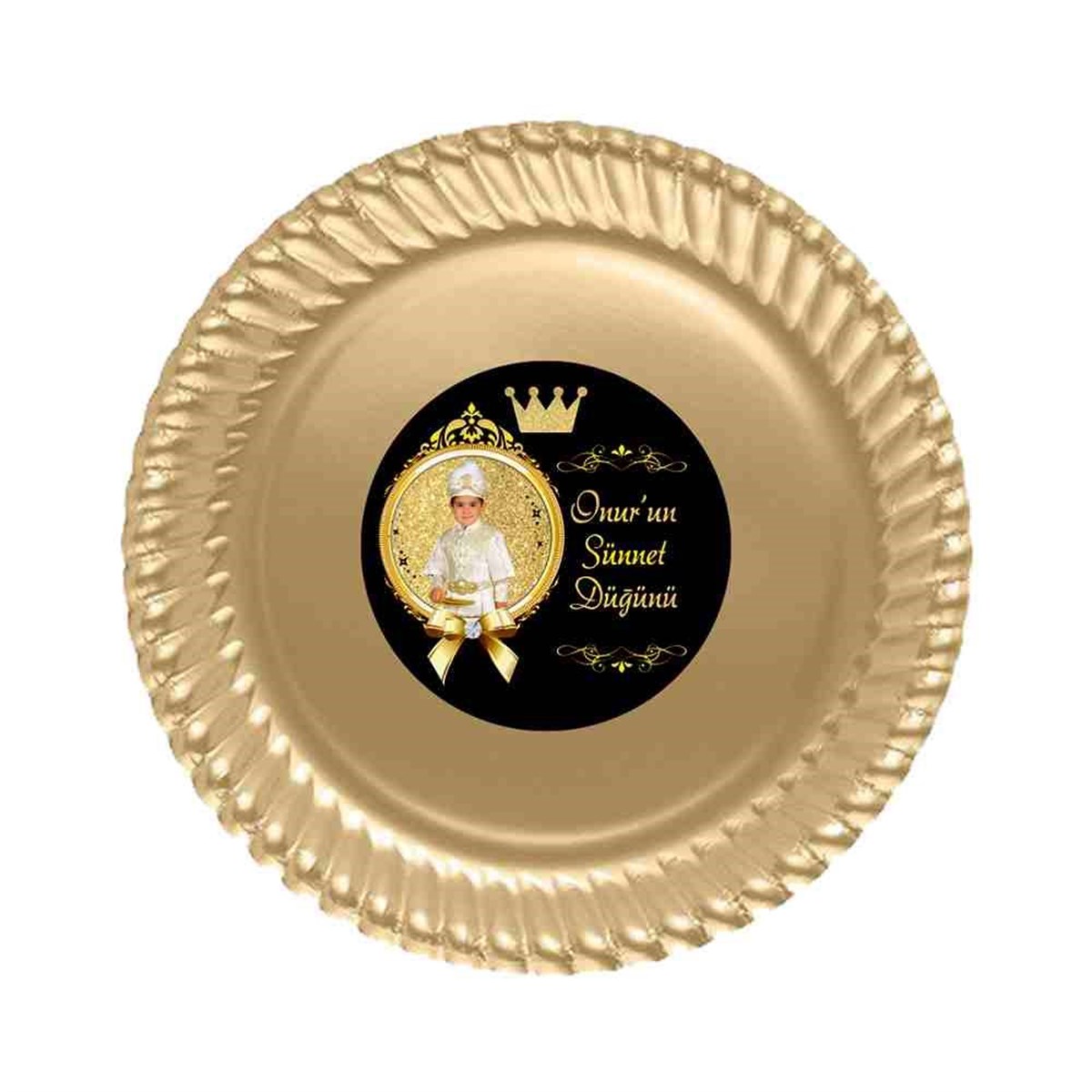 Sünnet Malzemeleri Gold ve Siyah Taçlı Etiketli Tabak 