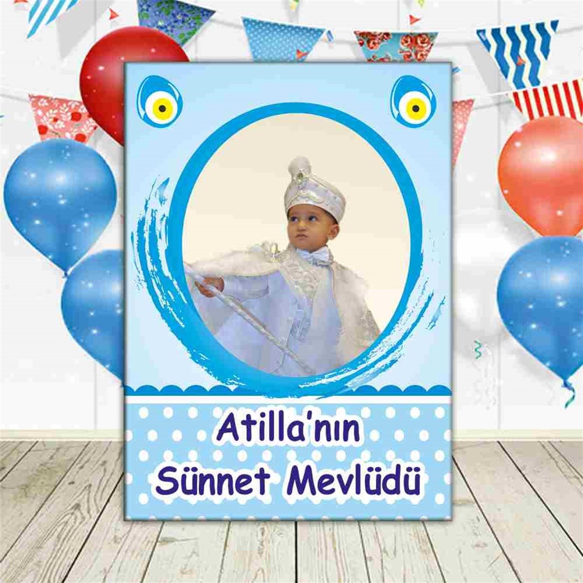Sünnet Puantiyeli Mavili Parti Malzemeleri Ayaklı Pano 