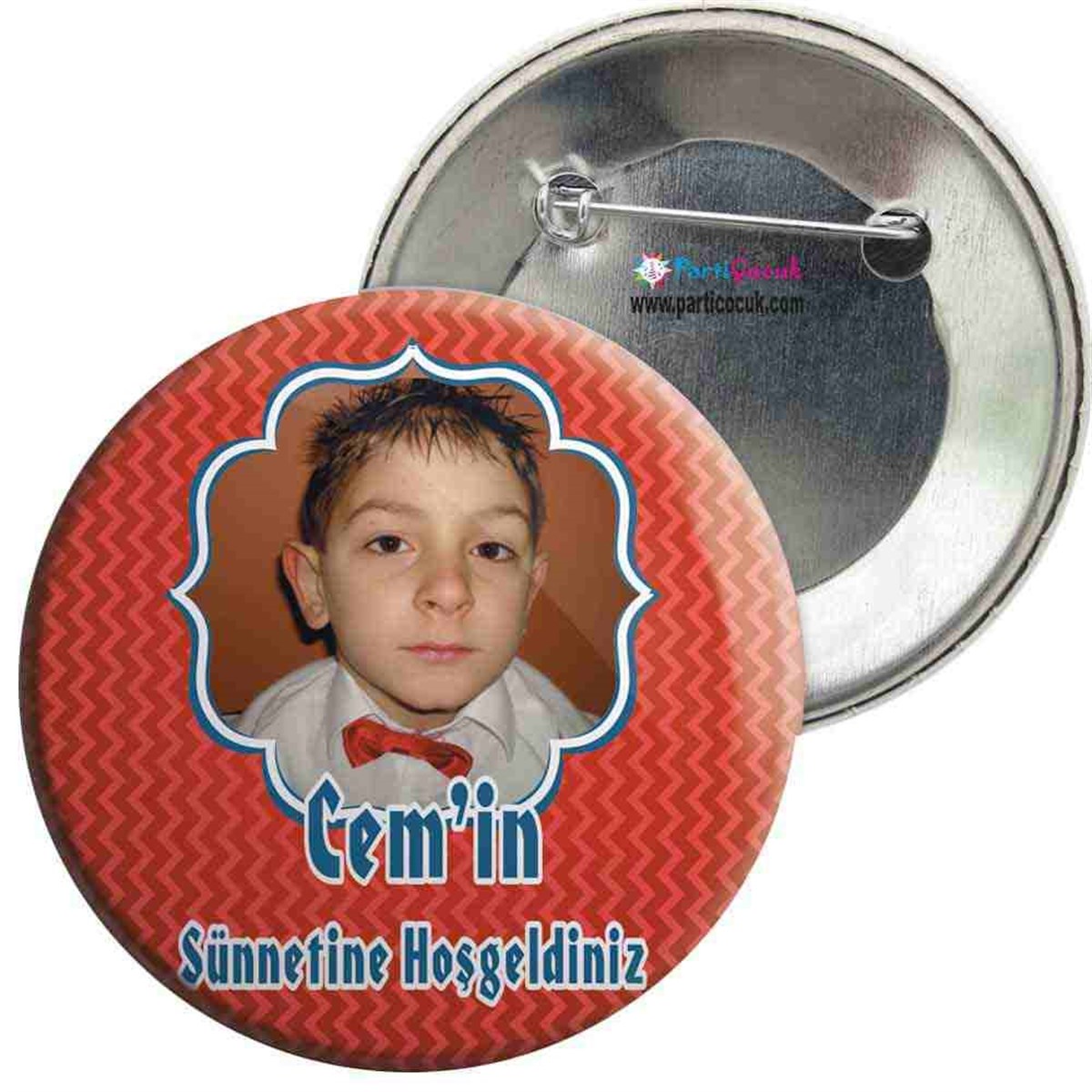 Sünnet Resimli İsimli Kırmızı Parti Süsleri İğneli Rozet  