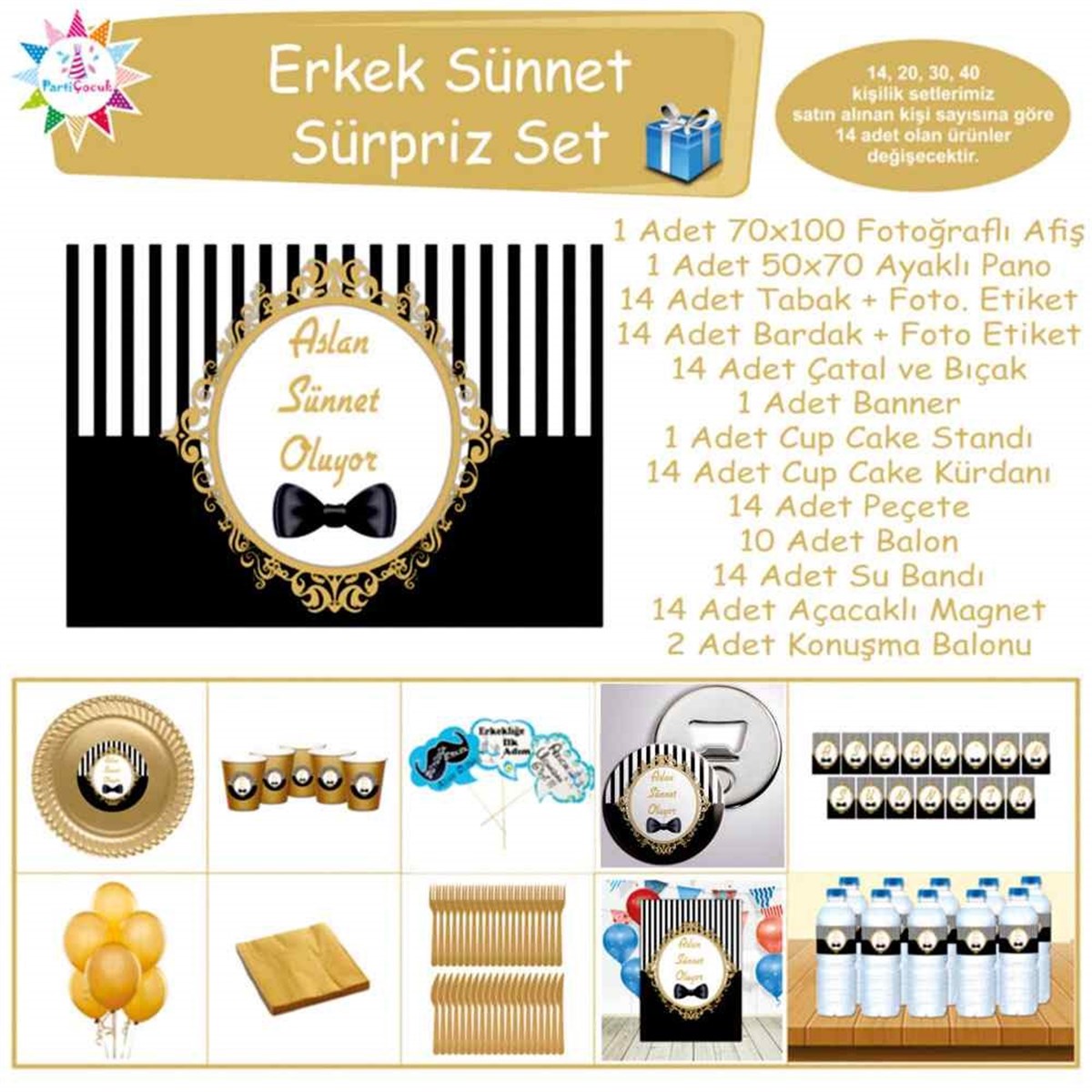 Sünnet Siyah Gold Resmi Parti Süslemesi Sürpriz Set 