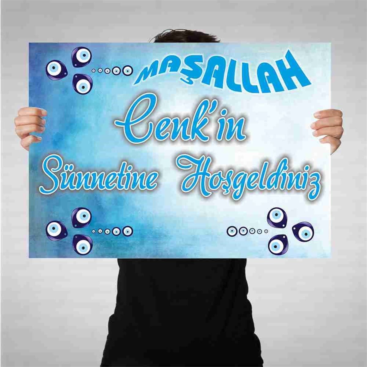 Sünnet Suluboya Zeminli Nazar Boncuklu Bez Afiş 