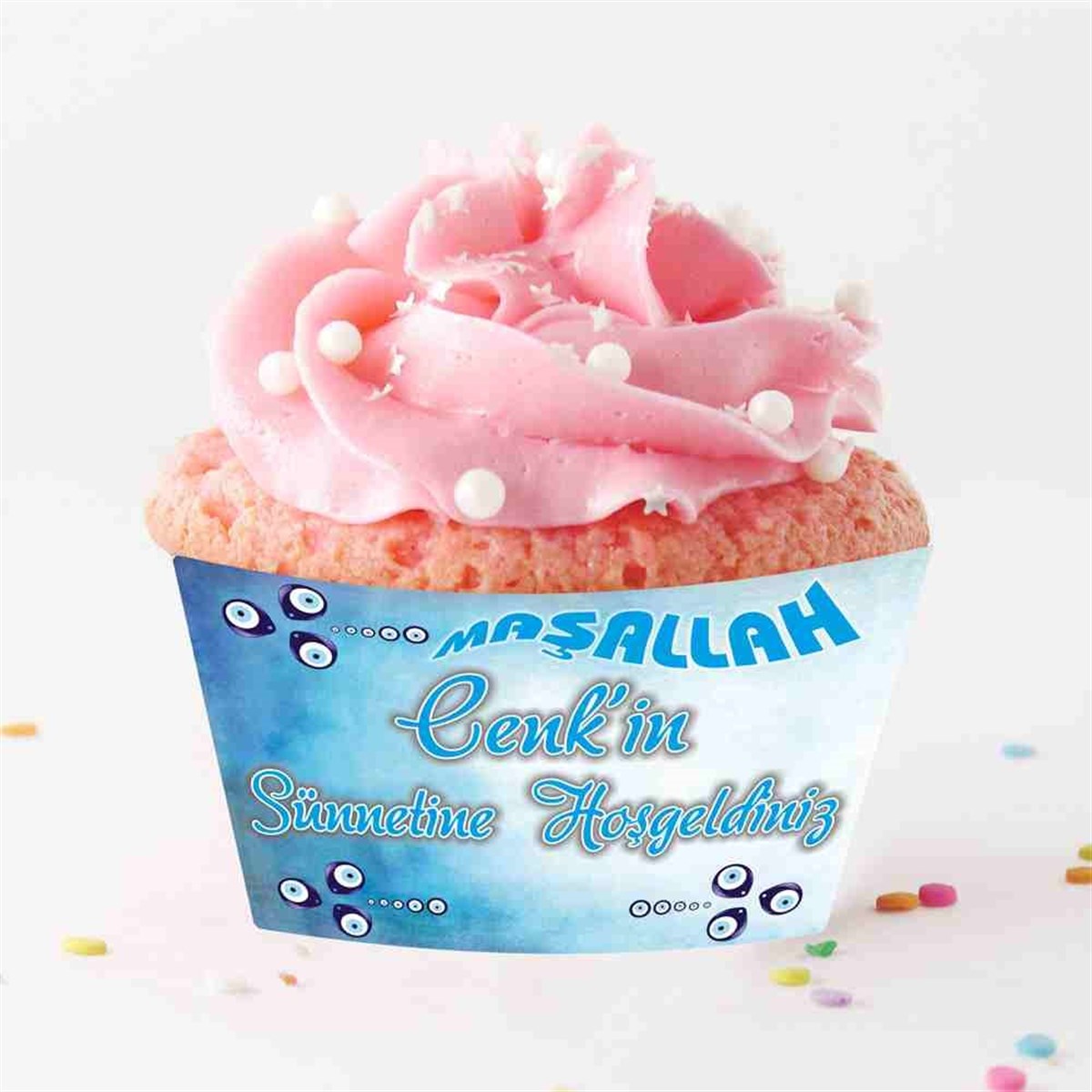 Sünnet Suluboya Zeminli Nazar Boncuklu Cupcake Sargısı 