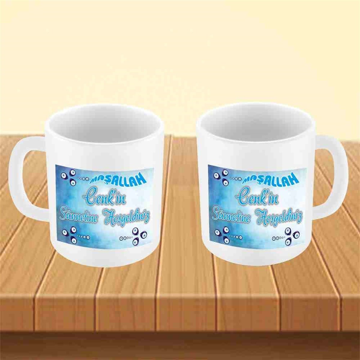 Sünnet Suluboya Zeminli Nazar Boncuklu Kupa Bardak Mug 