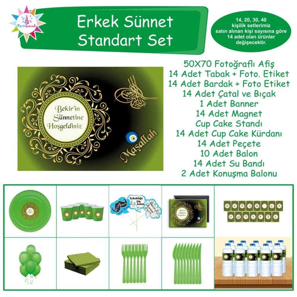 Sünnet Süsleri Yeşil Gold Tuğralı Standart Set 