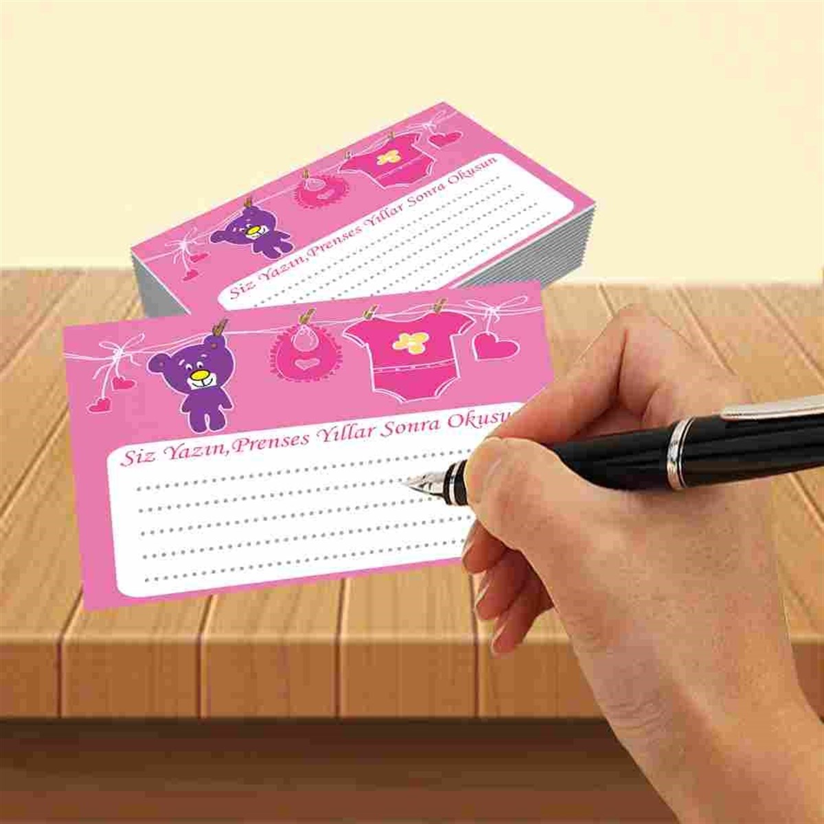 Yeni Doğan Pembe Tatlı Ayı Konsepti Dilek Hatıra Kartı 