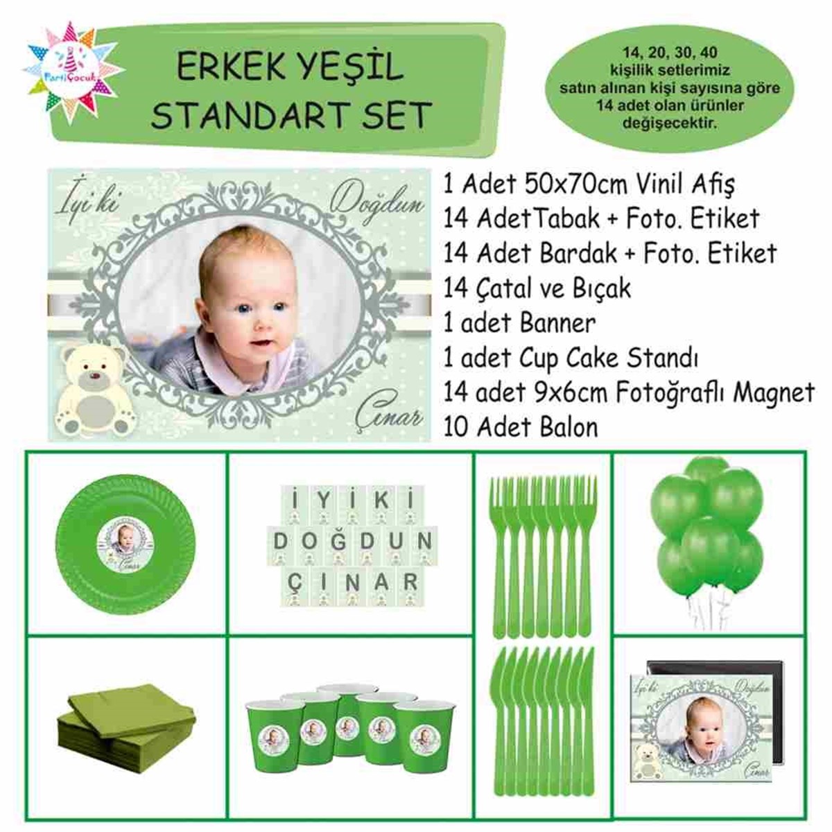 Yeşil Ayılı Kişiye Özel Doğum Günü Standart Set 