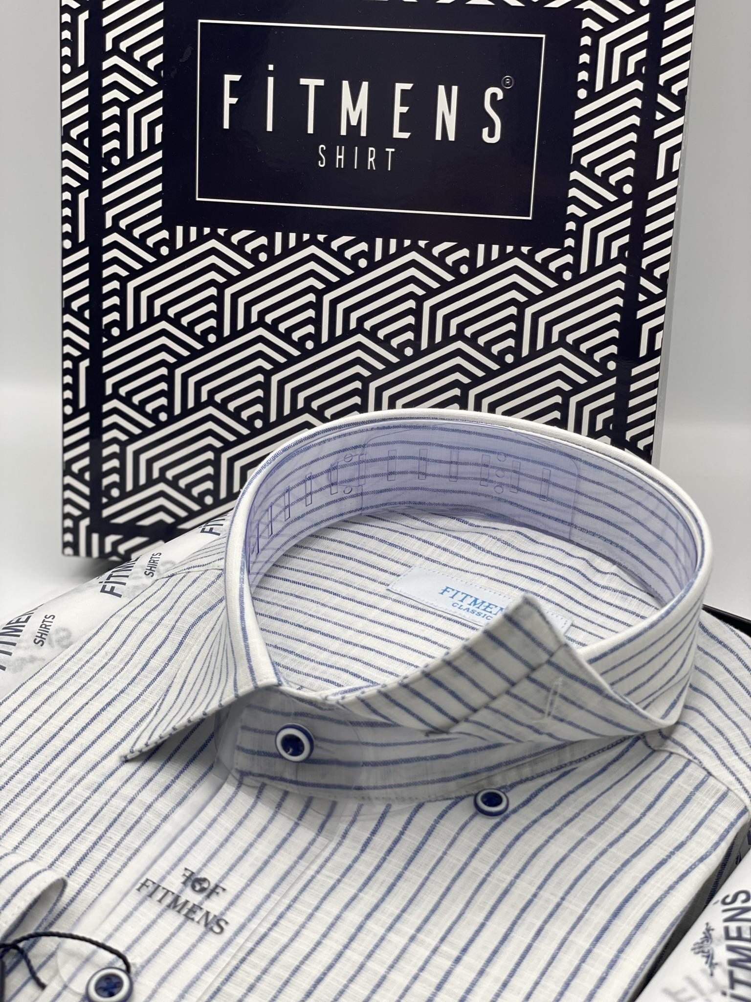 Klasik Uzun Kol Çizgili Keten Cotton Cepsiz Yaka Düğmeli Erkek Hediye Kutulu Gömlek FS-003169 - Beyaz