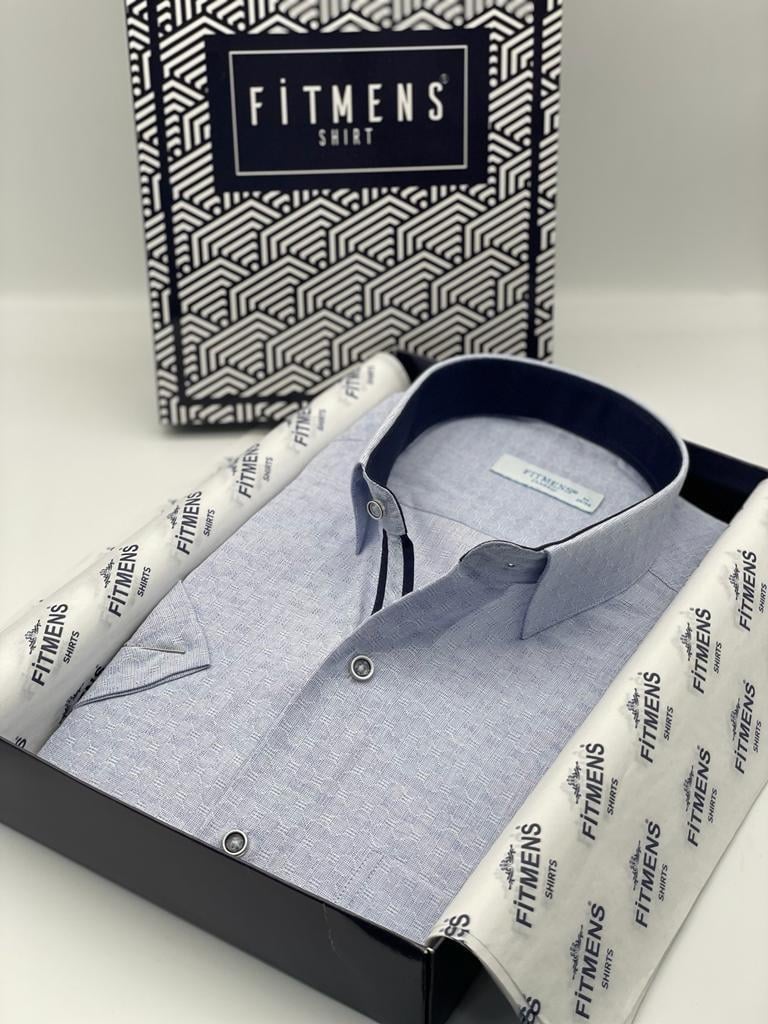 Klasik Kısa Kol Keten Cotton Desenli Pamuk Hediye Kutulu Erkek Gömlek FS-003008 - Mavi