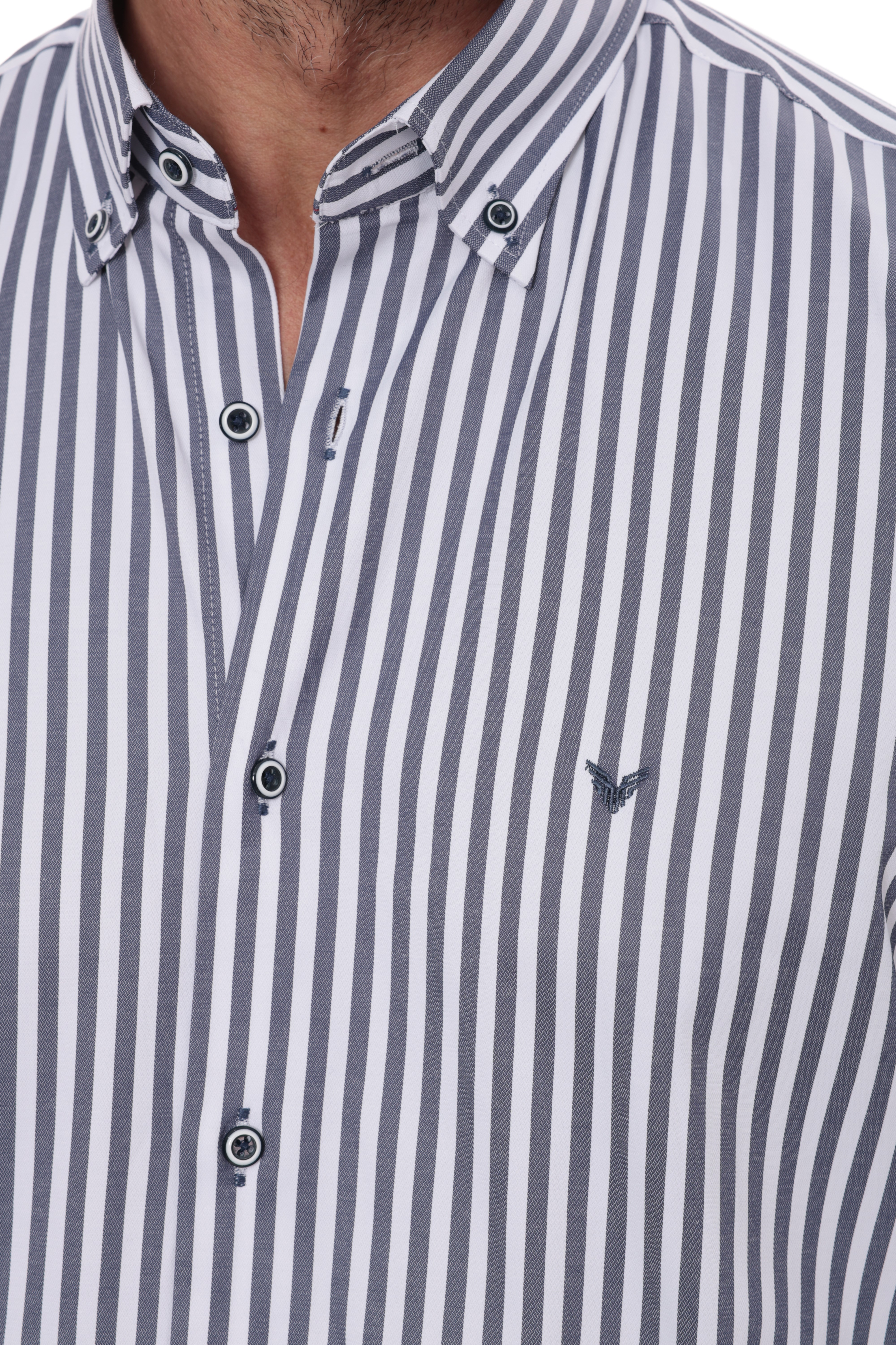 Slim Fit Uzun Kol Likralı Çizgili Yaka Düğmeli Hediye Kutulu Erkek Gömlek FS-003669 - Lacivert
