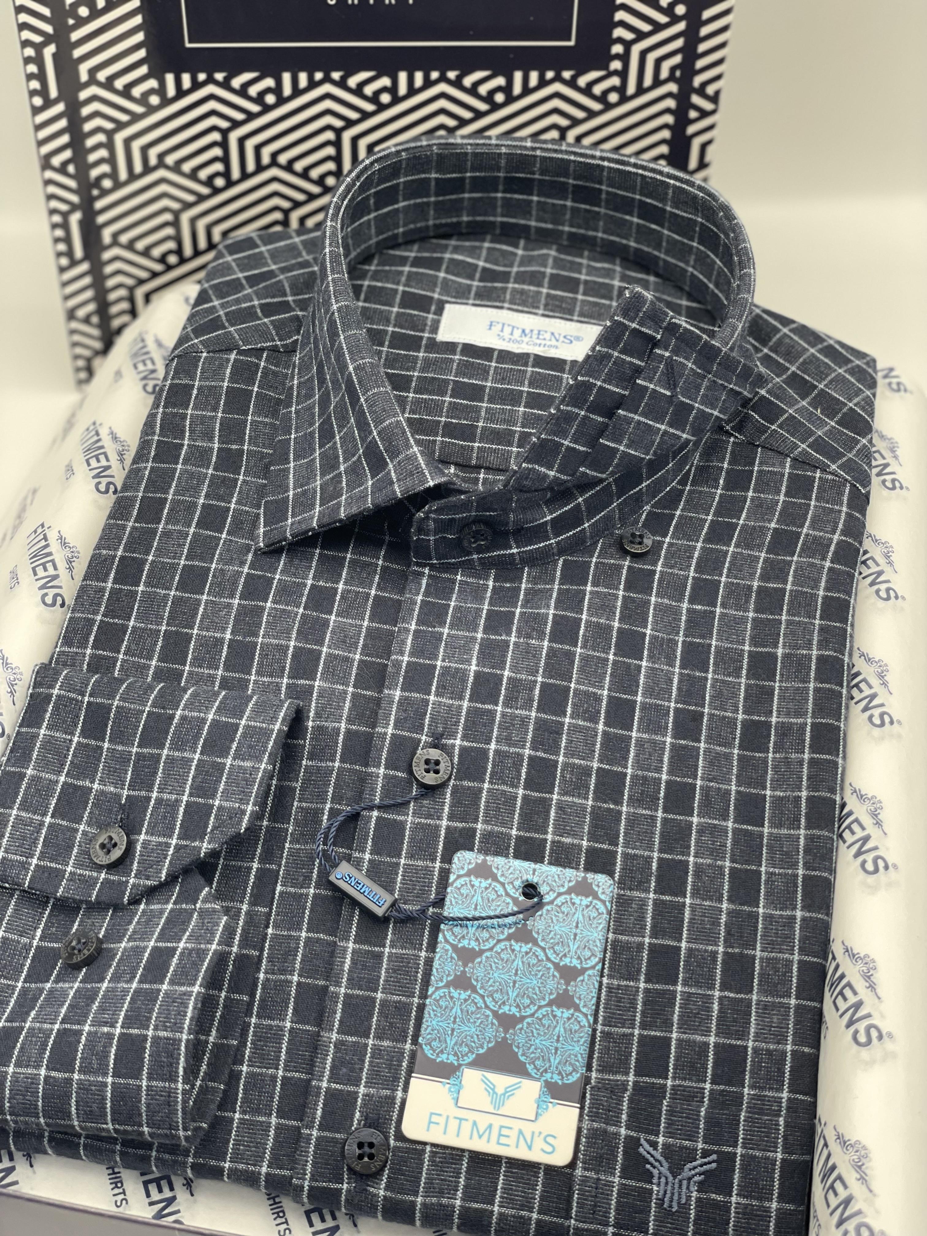 Klasik Uzun Kol %100 Cotton Kışlık Kareli Yaka Alttan Düğmeli Hediye Kutulu Erkek Gömlek FS-003134 - Lacivert