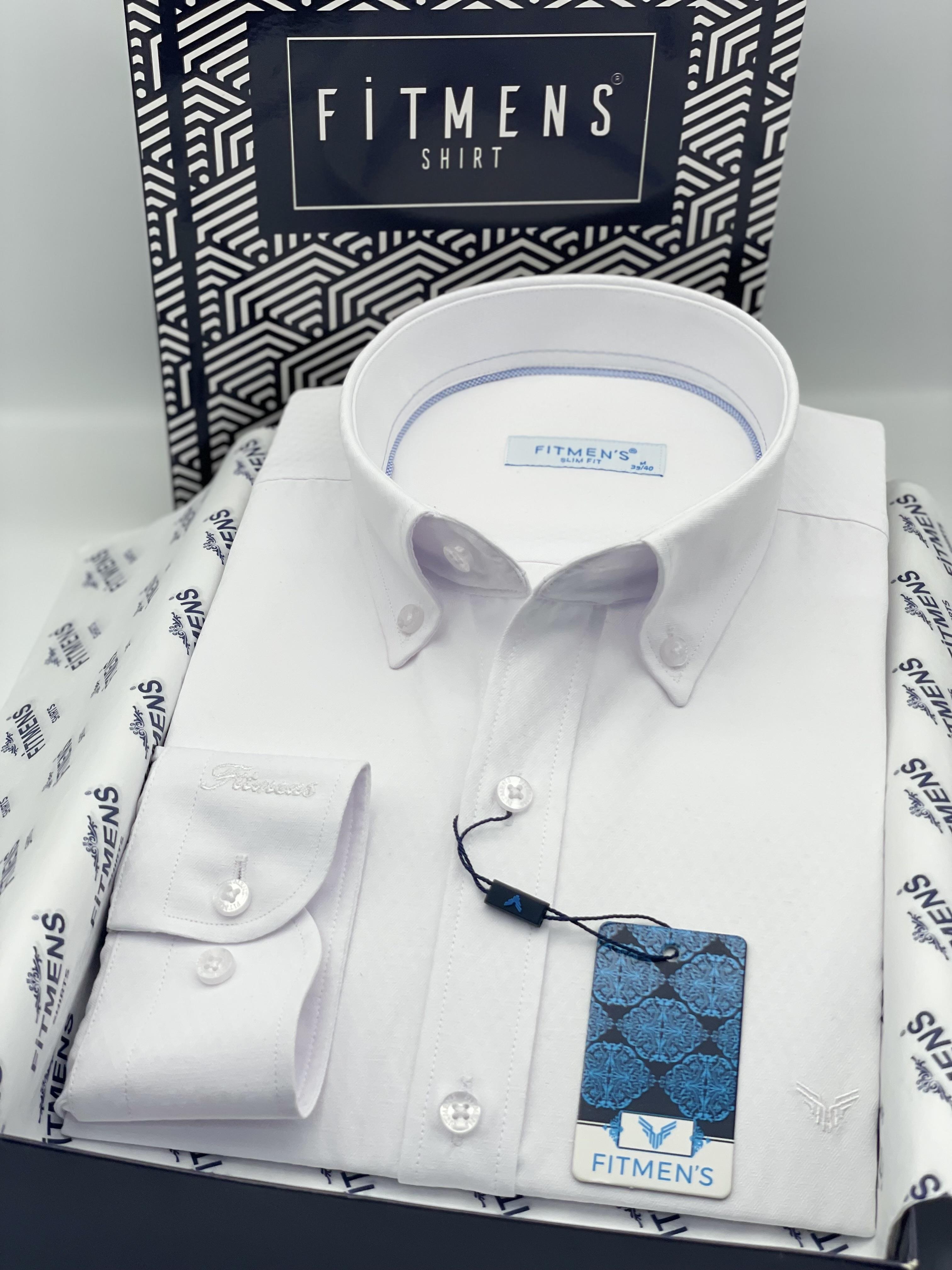 Slim Fit Uzun Kol Baklava Desen Kol Nakışlı Yaka Düğmeli Hediye Kutulu Şık Erkek Gömlek FS-004200 - Beyaz