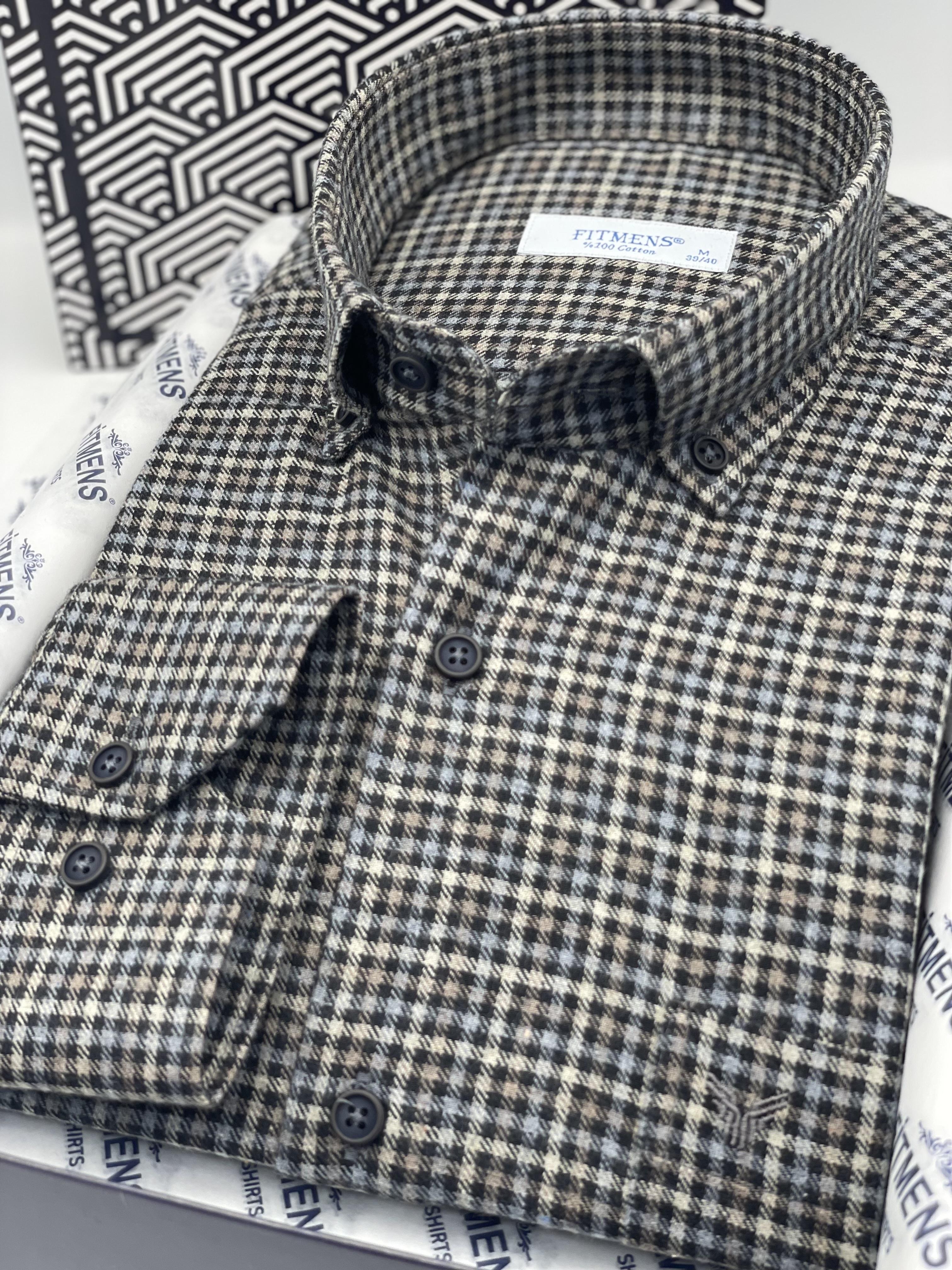 Klasik Uzun Kol Kışlık Kareli Yaka Düğmeli %100 Cotton Hediye Kutulu Erkek Gömlek FS-003765 - Siyah