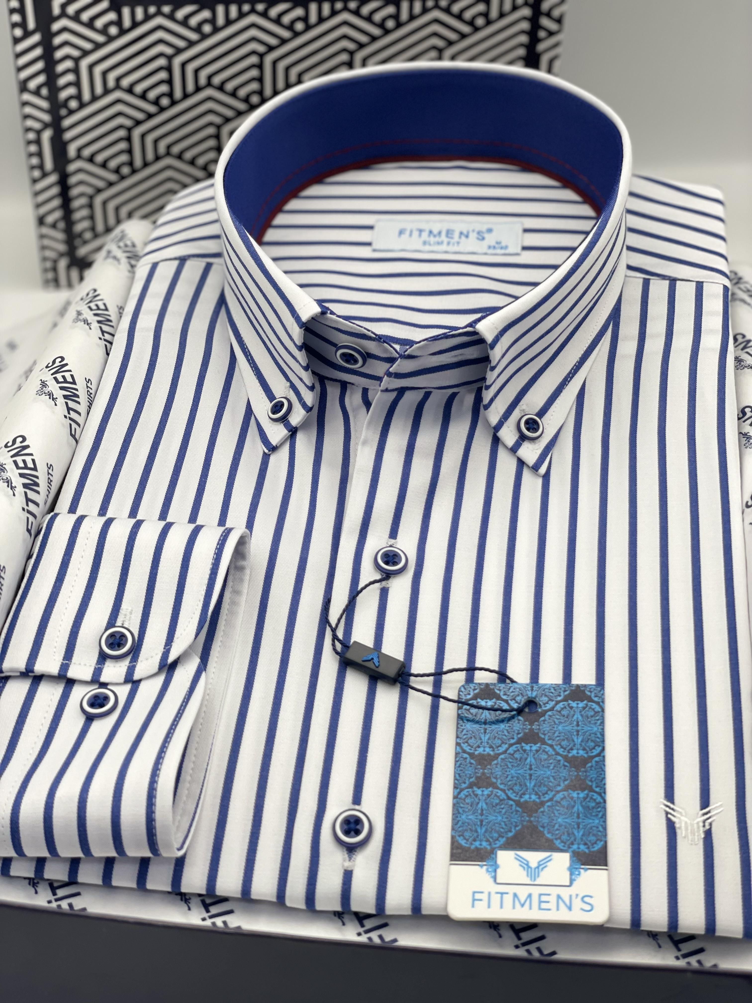 Slim Fit Uzun Kol Premium Kalın Çizgili Yaka Düğmeli Hediye Kutulu Kolay Ütülenebilir Erkek Gömlek FS-001375 - Beyaz Saks Mavi