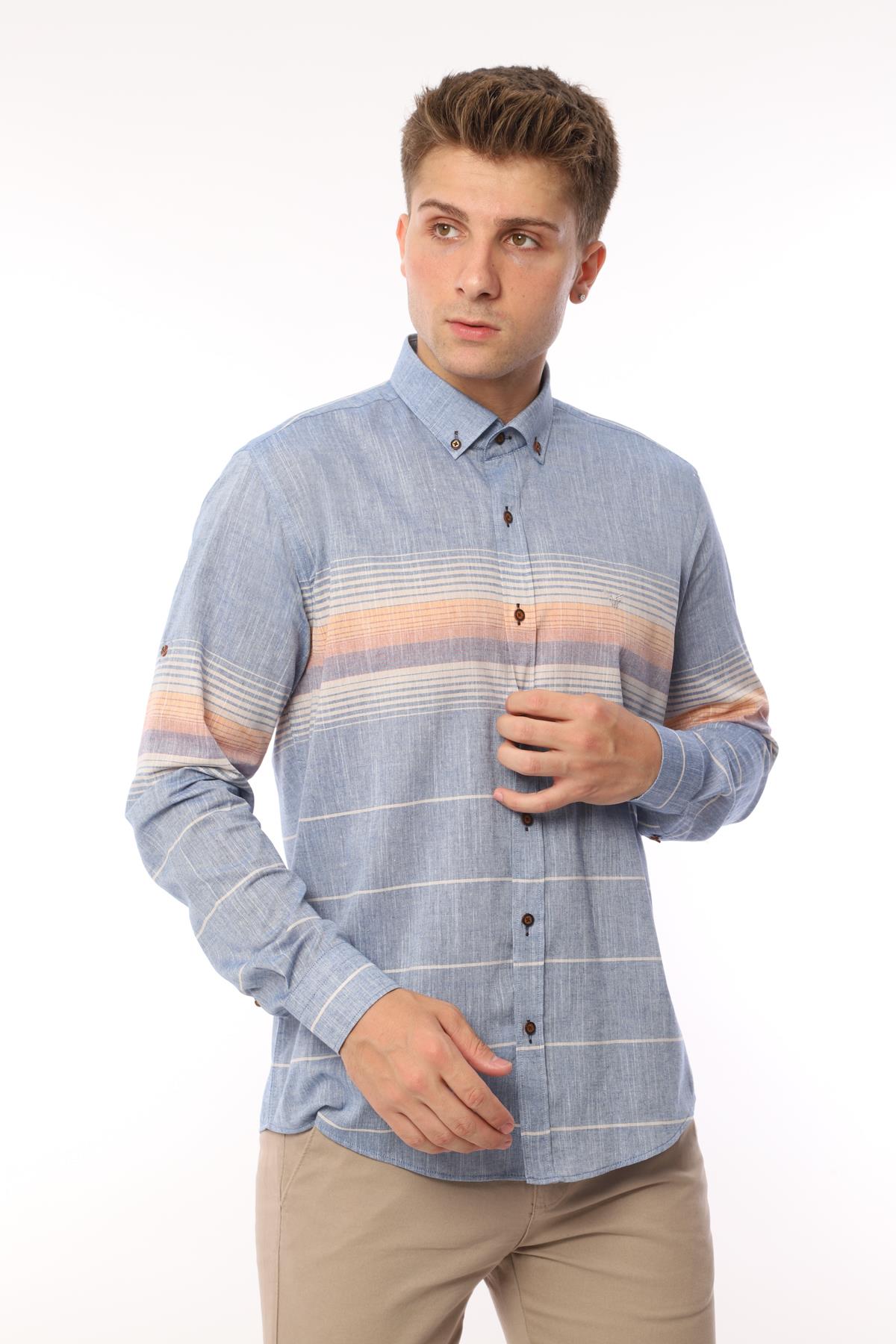 Slim Fit Uzun Kol Panolu Keten Hediye Kutulu Kolay Ütülenebilir Erkek Gömlek FS-002994 - Turuncu