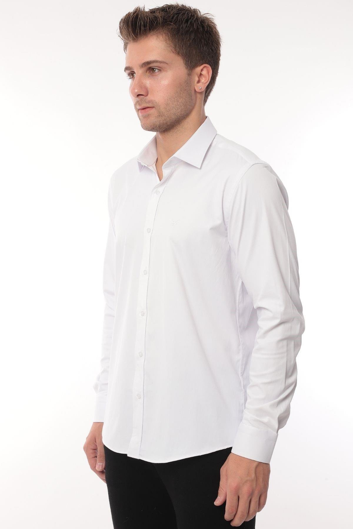 Slim Fit Uzun Kol Likralı Hediye Kutulu Kolay Ütülenebilir Erkek Gömlek FS-002969 - Beyaz