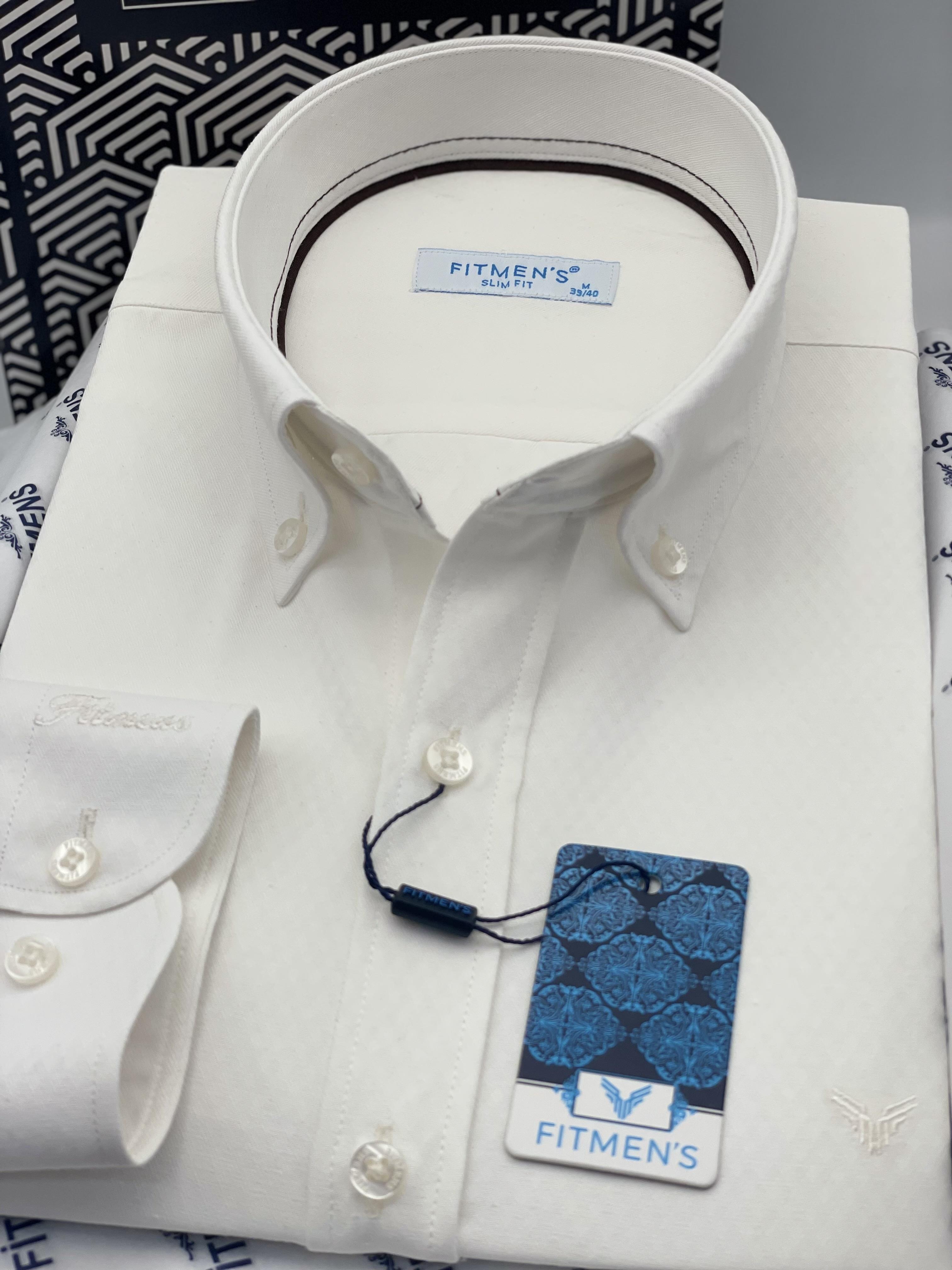 Slim Fit Uzun Kol Baklava Desen Kol Nakışlı Yaka Düğmeli Hediye Kutulu Şık Erkek Gömlek FS-004200 - Krem