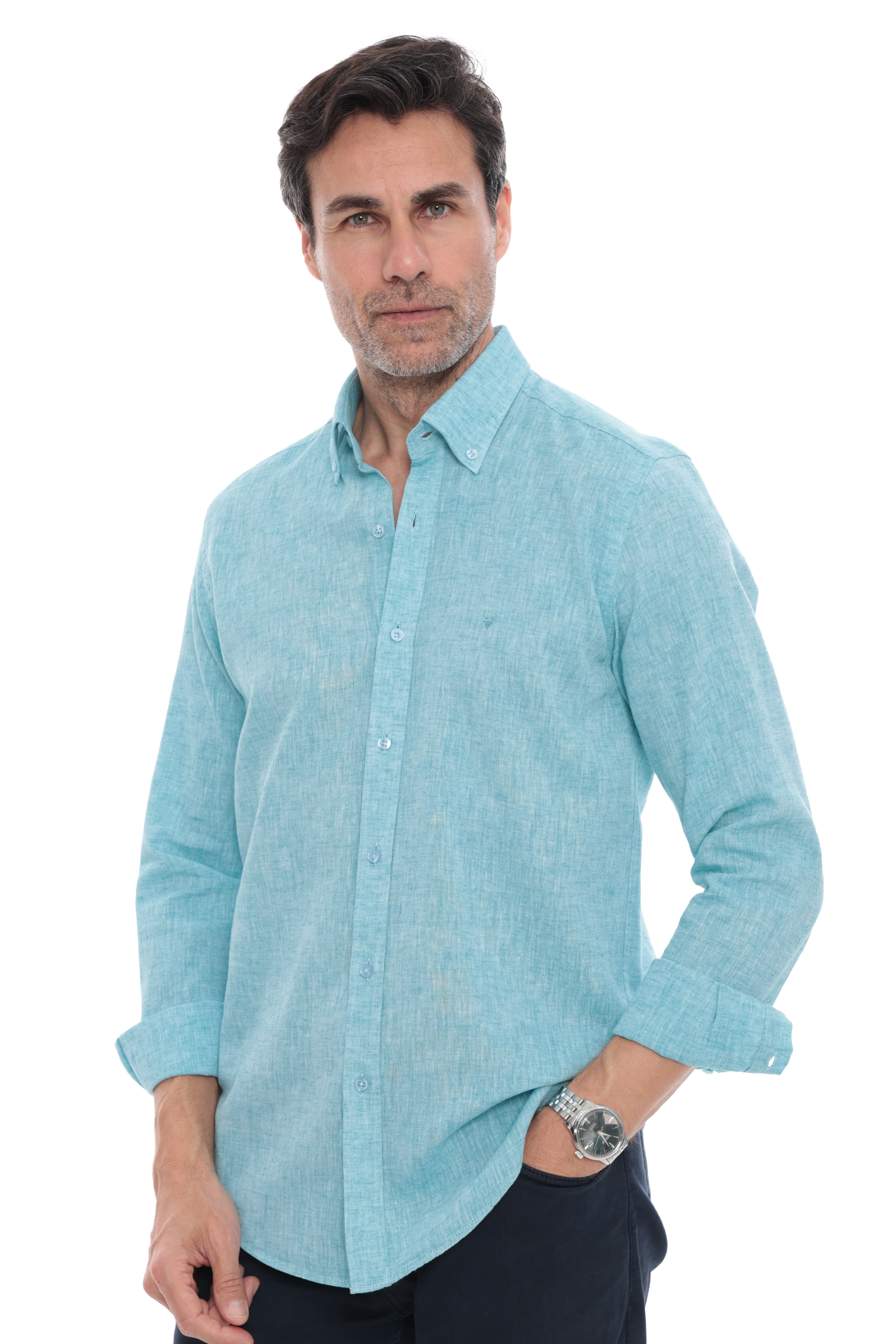 Slim Fit Uzun Kol Yaka Düğmeli Nefes Alan Keten Hediye Kutulu Erkek Gömlek FS-004548 - Koyu Mint