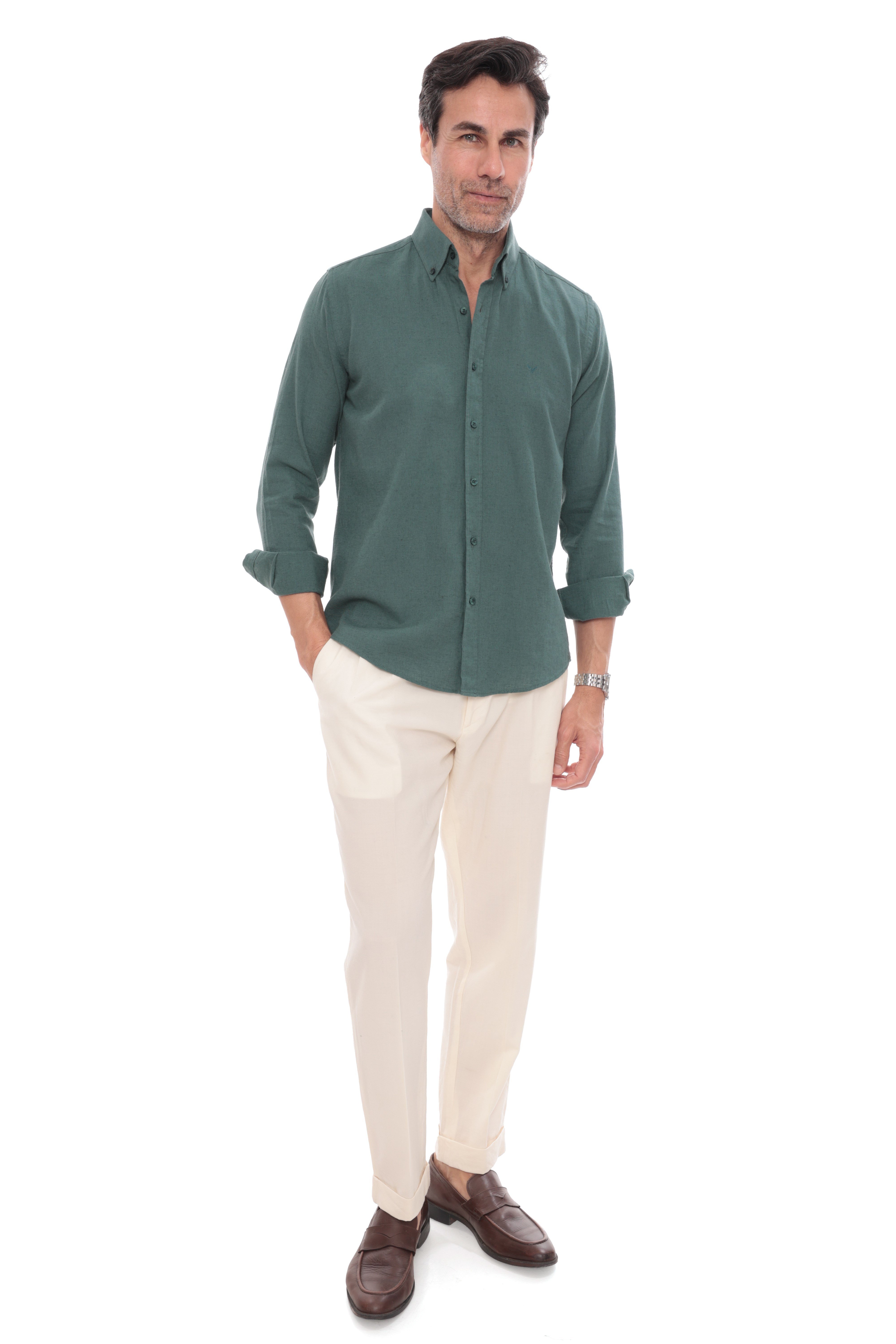 Slim Fit Uzun Kol Yaka Düğmeli Nefes Alan Keten Hediye Kutulu Erkek Gömlek FS-004548 - Koyu Yeşil