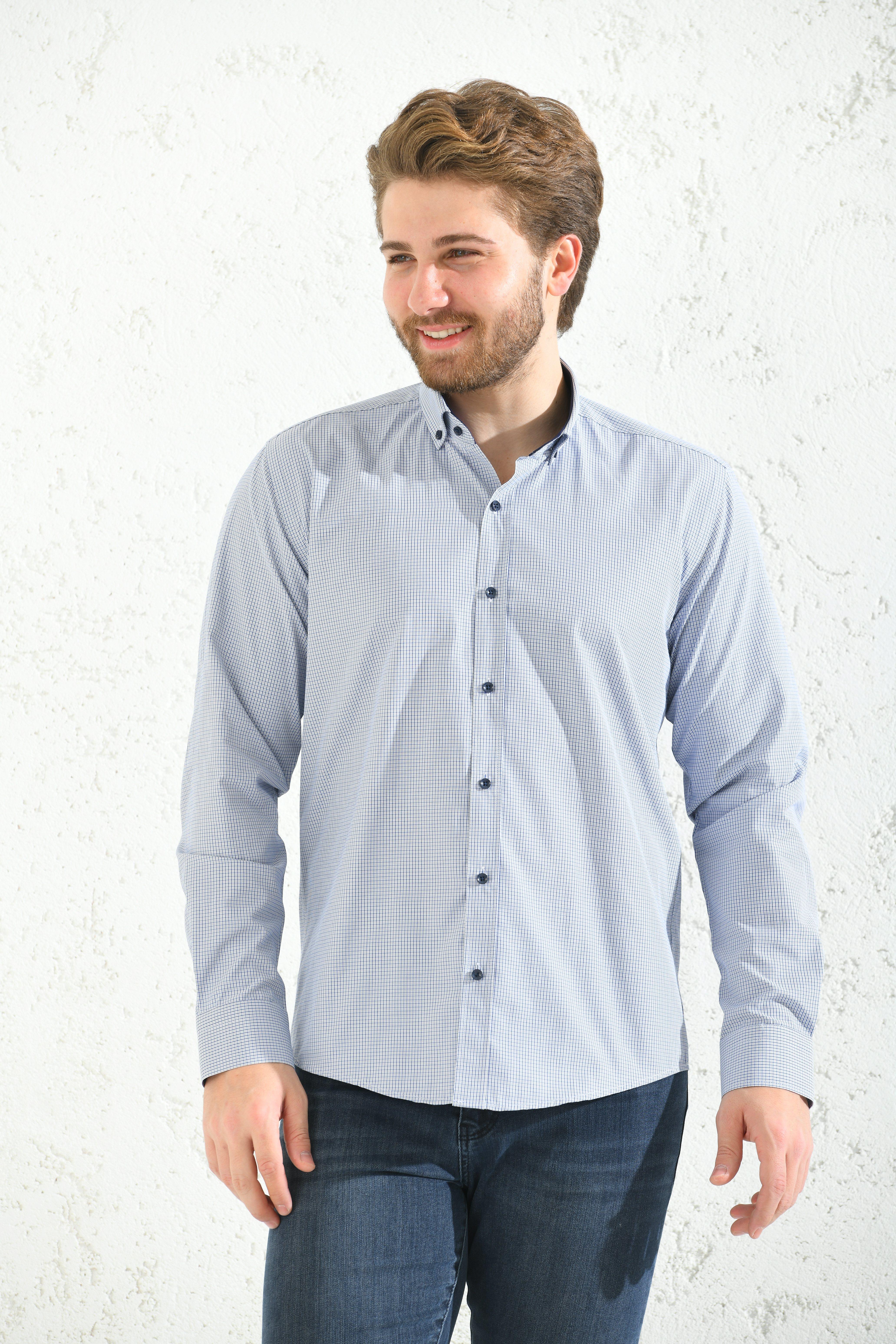 Slim Fit Uzun Kol Pöti Kareli Yaka Düğmeli Hediye Kutulu Erkek Gömlek FS-001373 - Gri