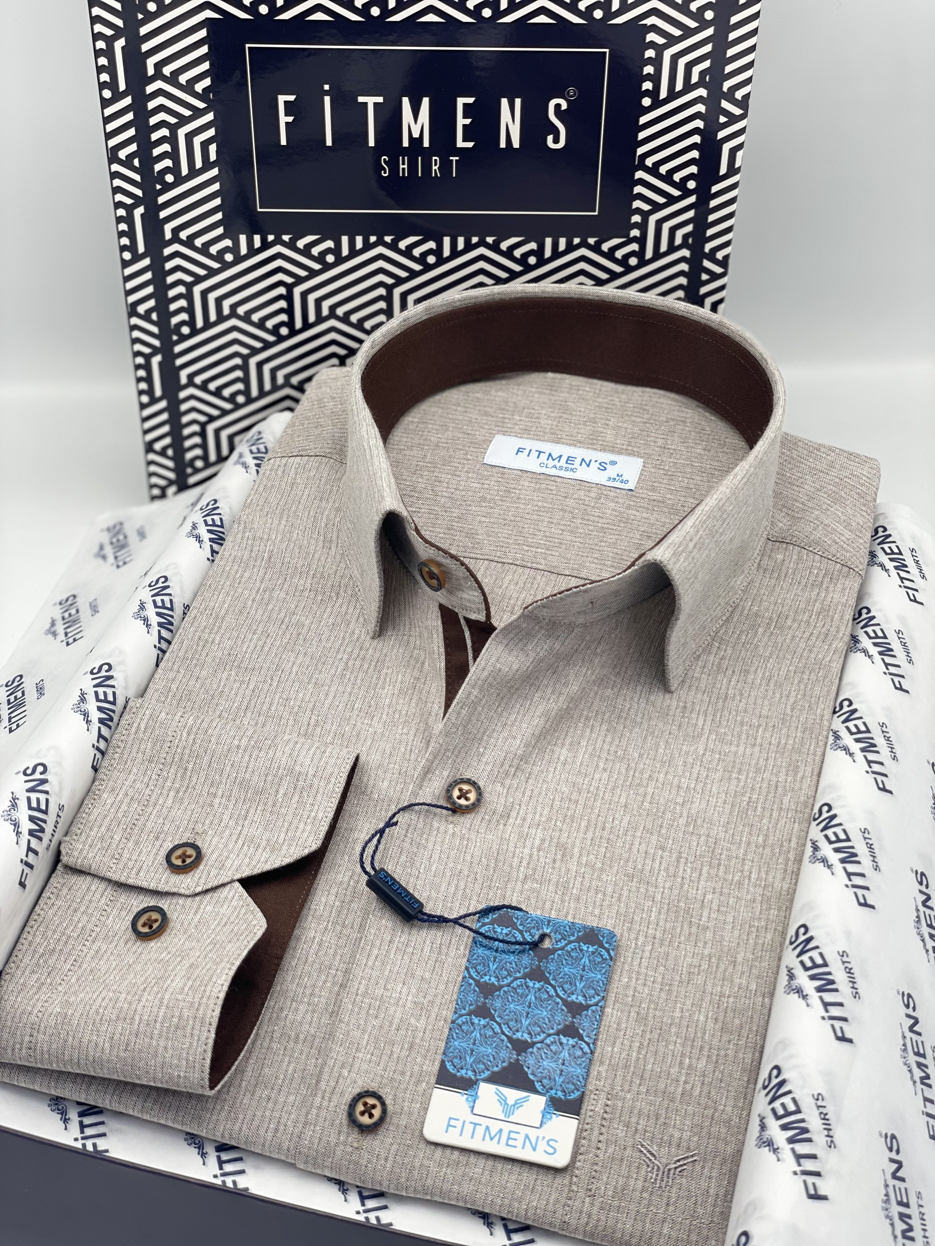 Klasik Uzun Kol Keten Cotton Hediye Kutulu Erkek Gömlek FS-001261 - Bej
