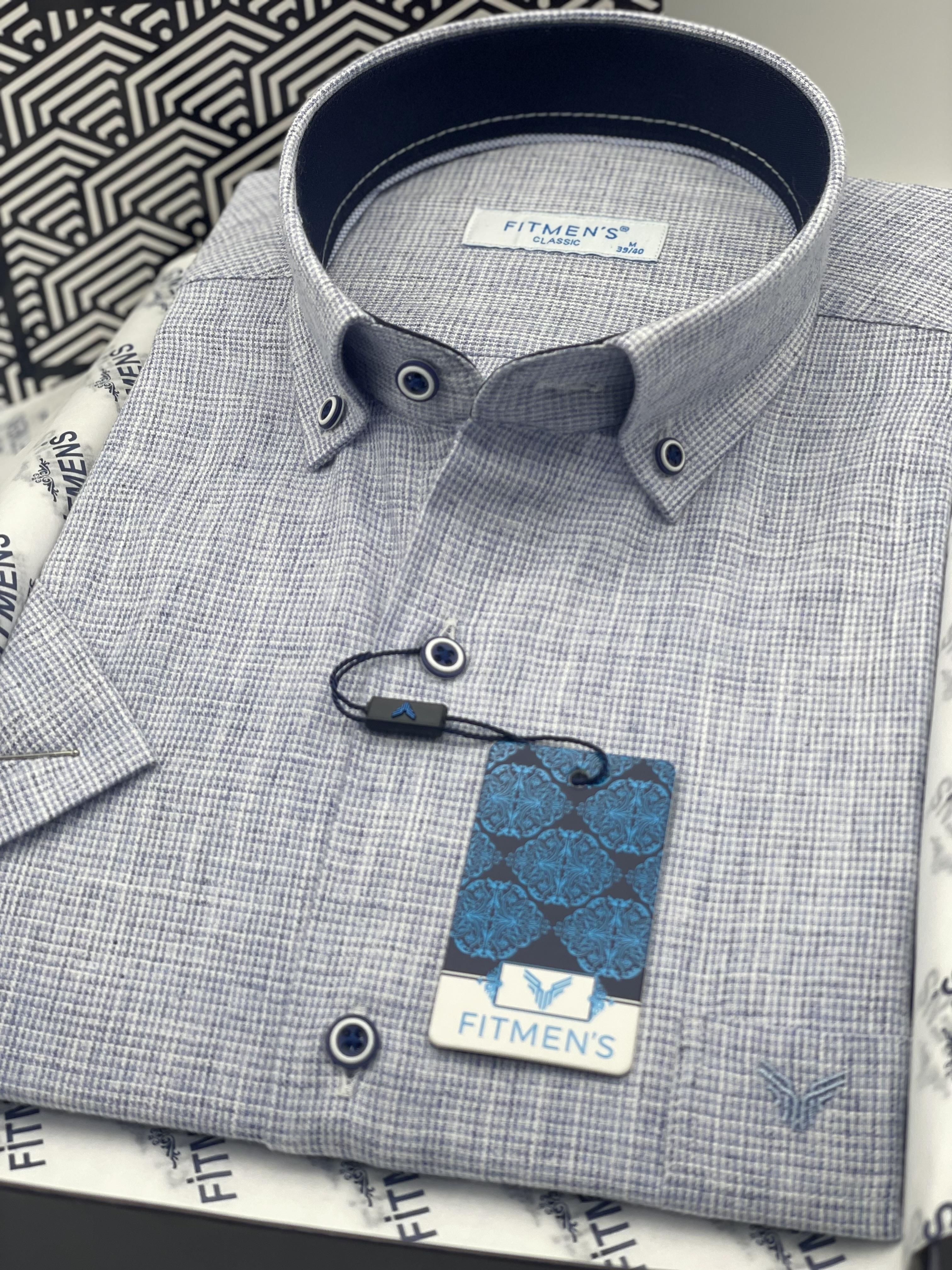 Klasik Kısa Kol Keten Yaka Düğmeli Hediye Kutulu Erkek Gömlek FS-003626 - Mavi