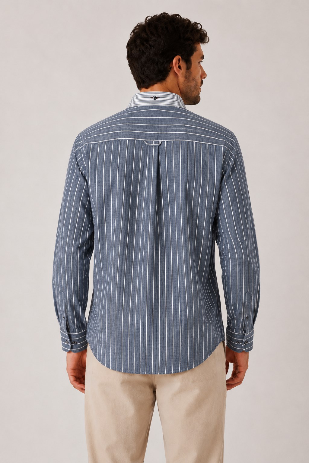 Slim Fit Uzun Kol Çift Desen Yaka Düğmeli Keten Likra Cepsiz Hediye Kutulu Erkek Gömlek FS-004578 - Lacivert