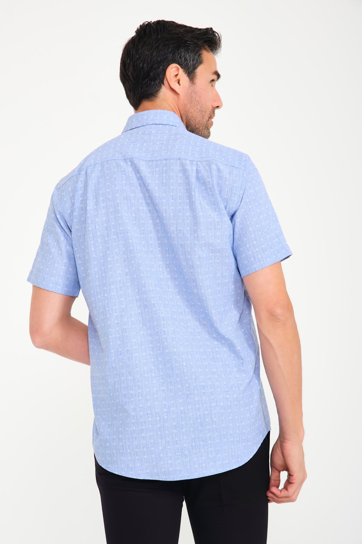 Klasik Kısa Kol Açık Zemin Kutu Desen Keten Cotton Hediye Kutulu Erkek Gömlek FS-000745 - Mavi