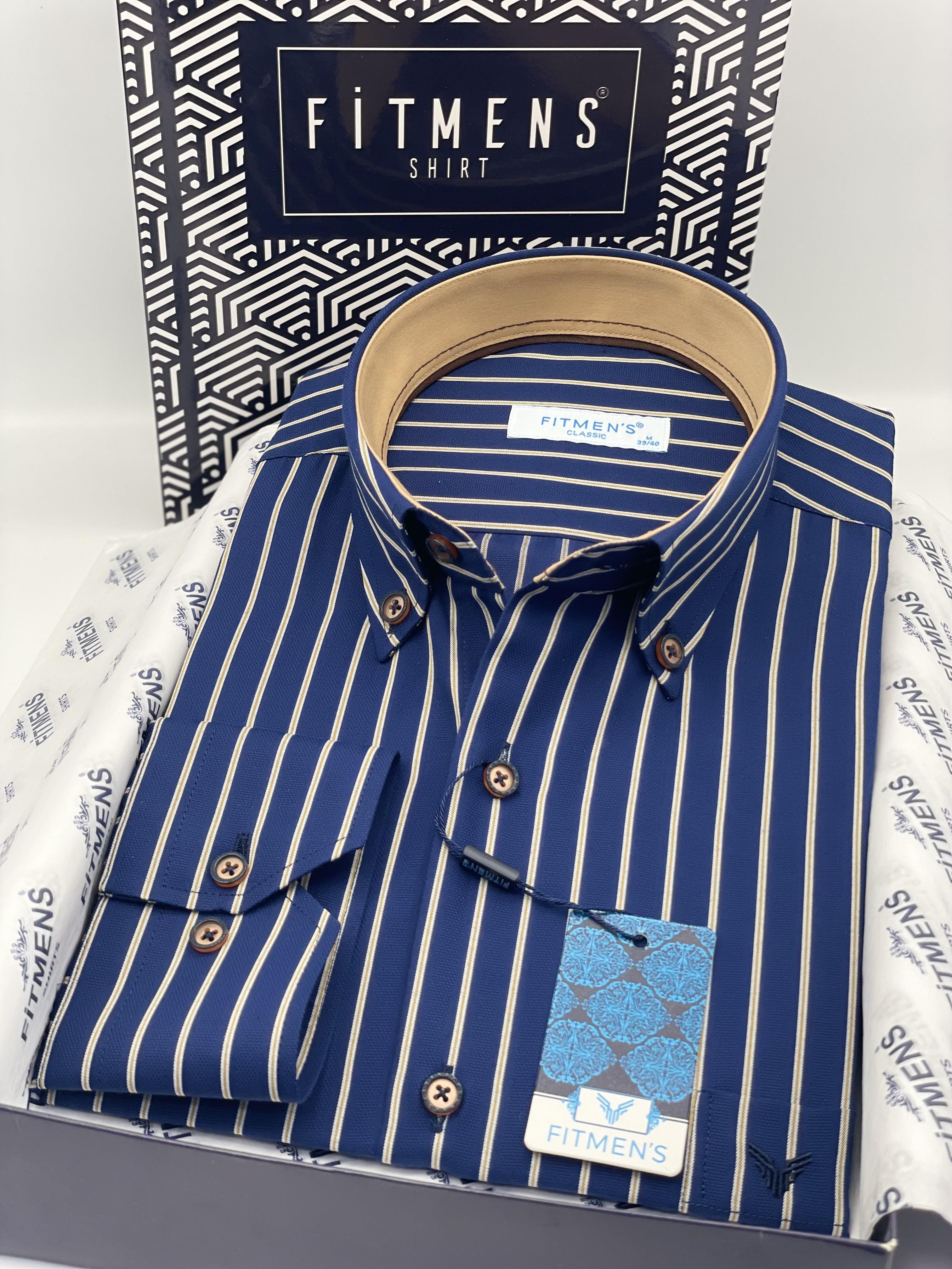 Klasik Geniş Kesim Uzun Kol Elegance Çizgili Yaka Düğmeli Hediye Kutulu Erkek Gömlek FS-004340 - Lacivert Hardal