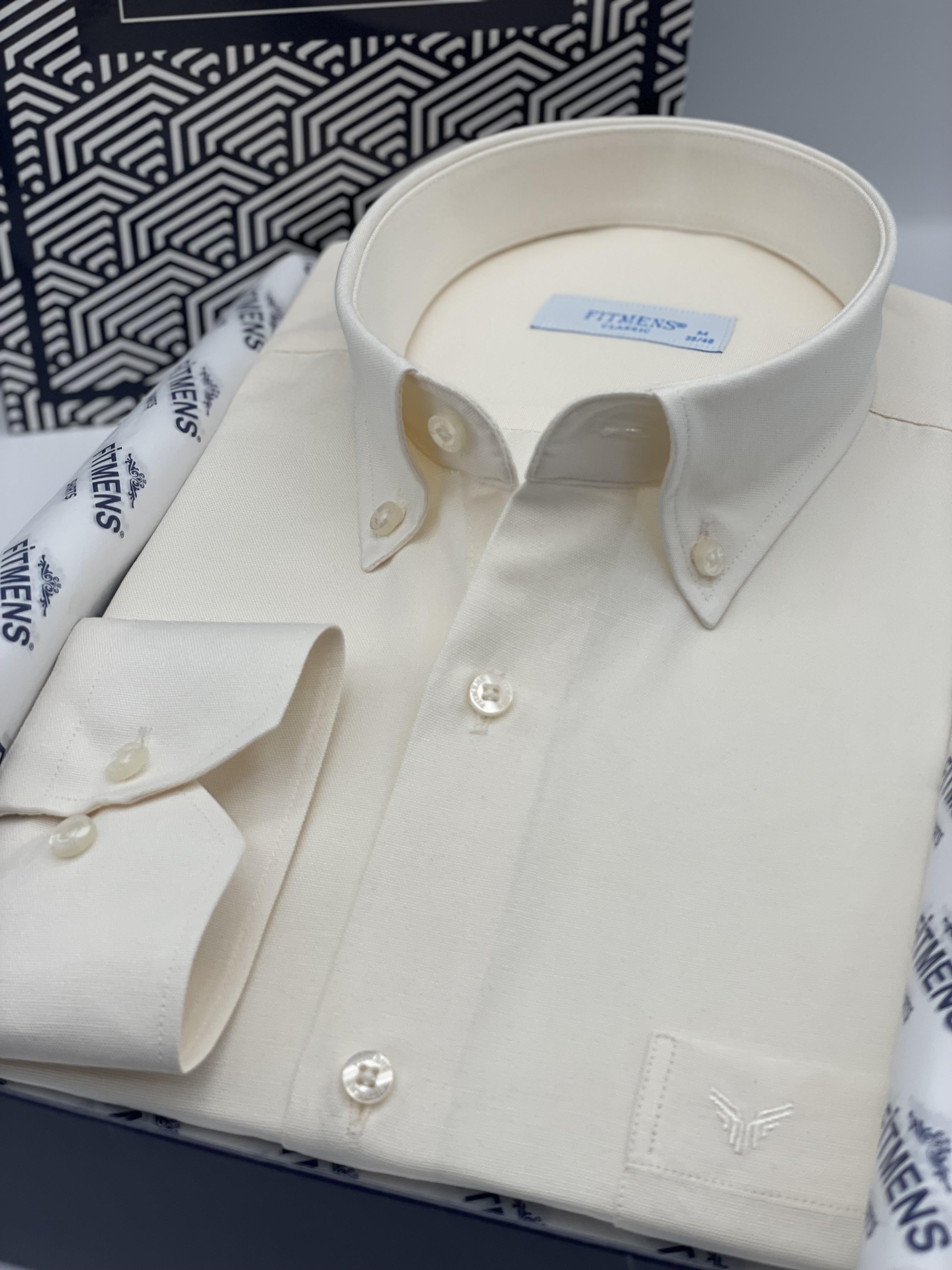 Klasik Uzun Kol Pamuklu Yaka Düğmeli Hediye Kutulu Kolay Ütülenebilir Erkek Gömlek FS-003897 - Krem