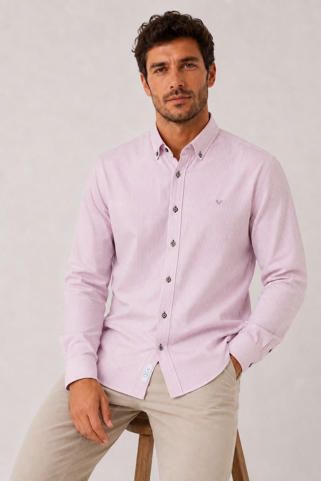 Slim Fit Uzun Kol Cepsiz Çizgili Keten Likra  Hediye Kutulu Erkek Gömlek FS-004581 - Pembe