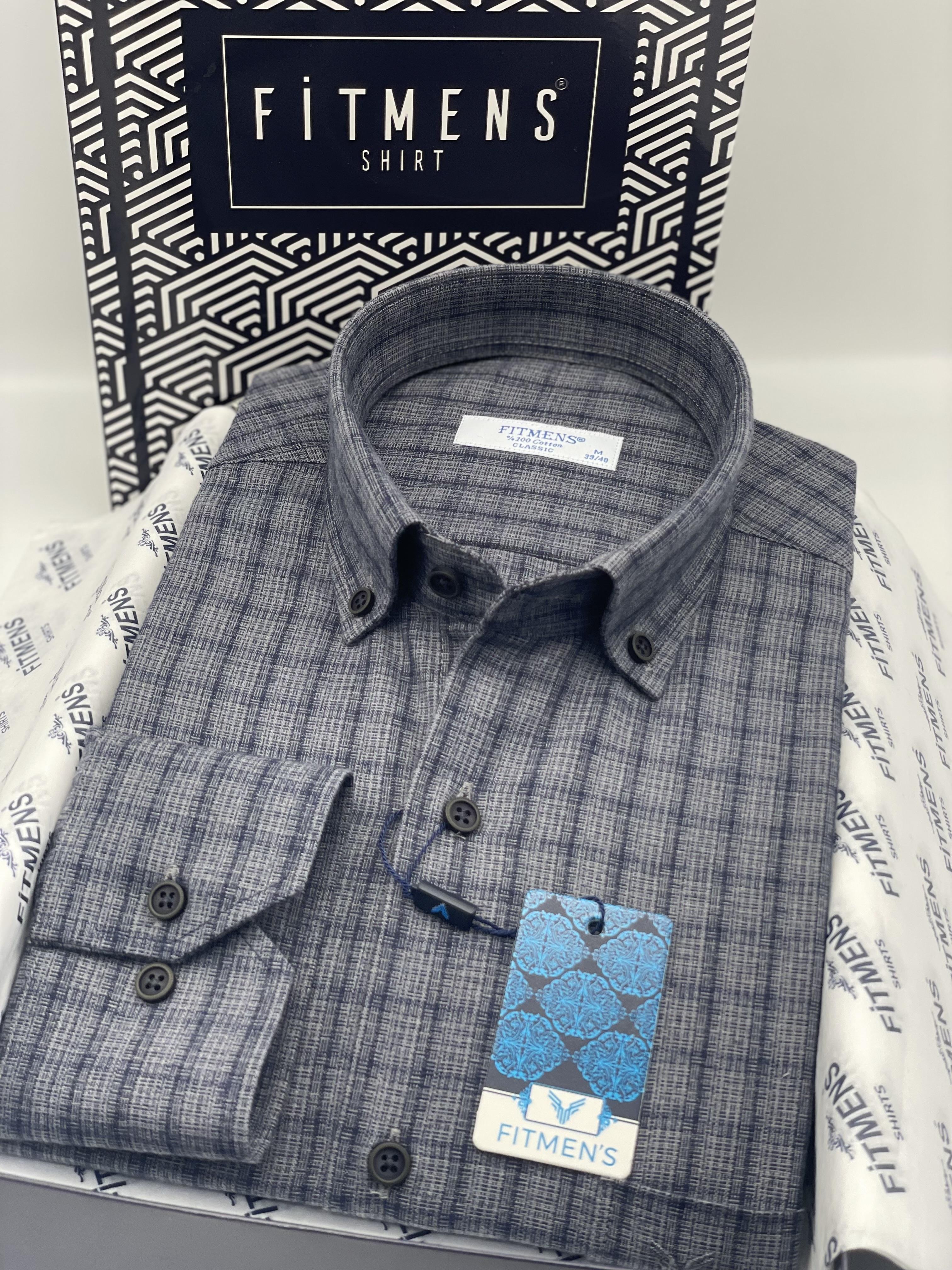 Klasik Uzun Kol Kışlık Kareli Yaka Düğmeli Pamuklu Hediye Kutulu Erkek Gömlek FS-004342 - Gri