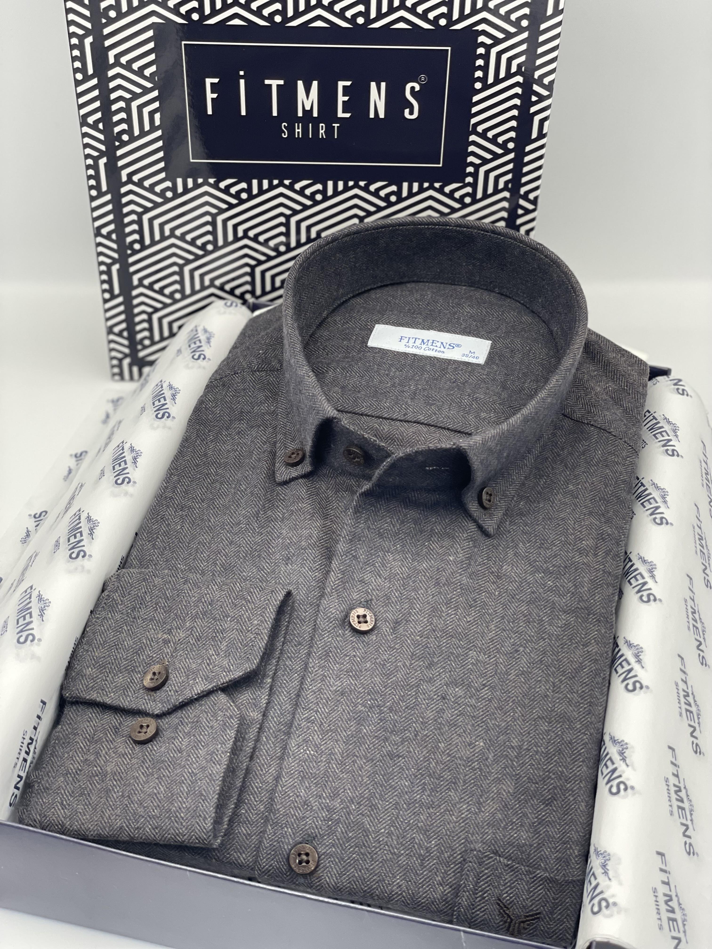 Klasik Uzun Kol Kışlık %100 Cotton Balıksırtı Yaka Düğmeli Hediye Kutulu Erkek Gömlek FS-001991 - Koyu Kahve