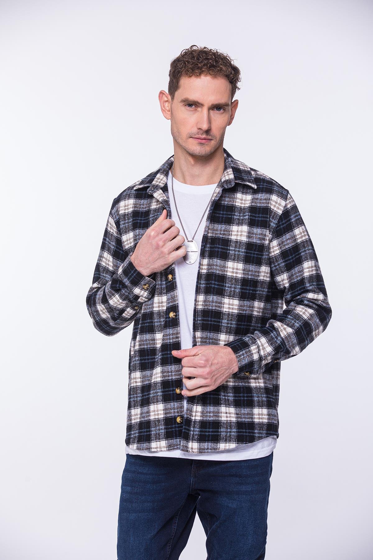 Oversize Oduncu Yumuşak Dokulu %100 Cotton Kareli Hediye Kutulu Erkek Gömlek FS-002203 - Lacivert