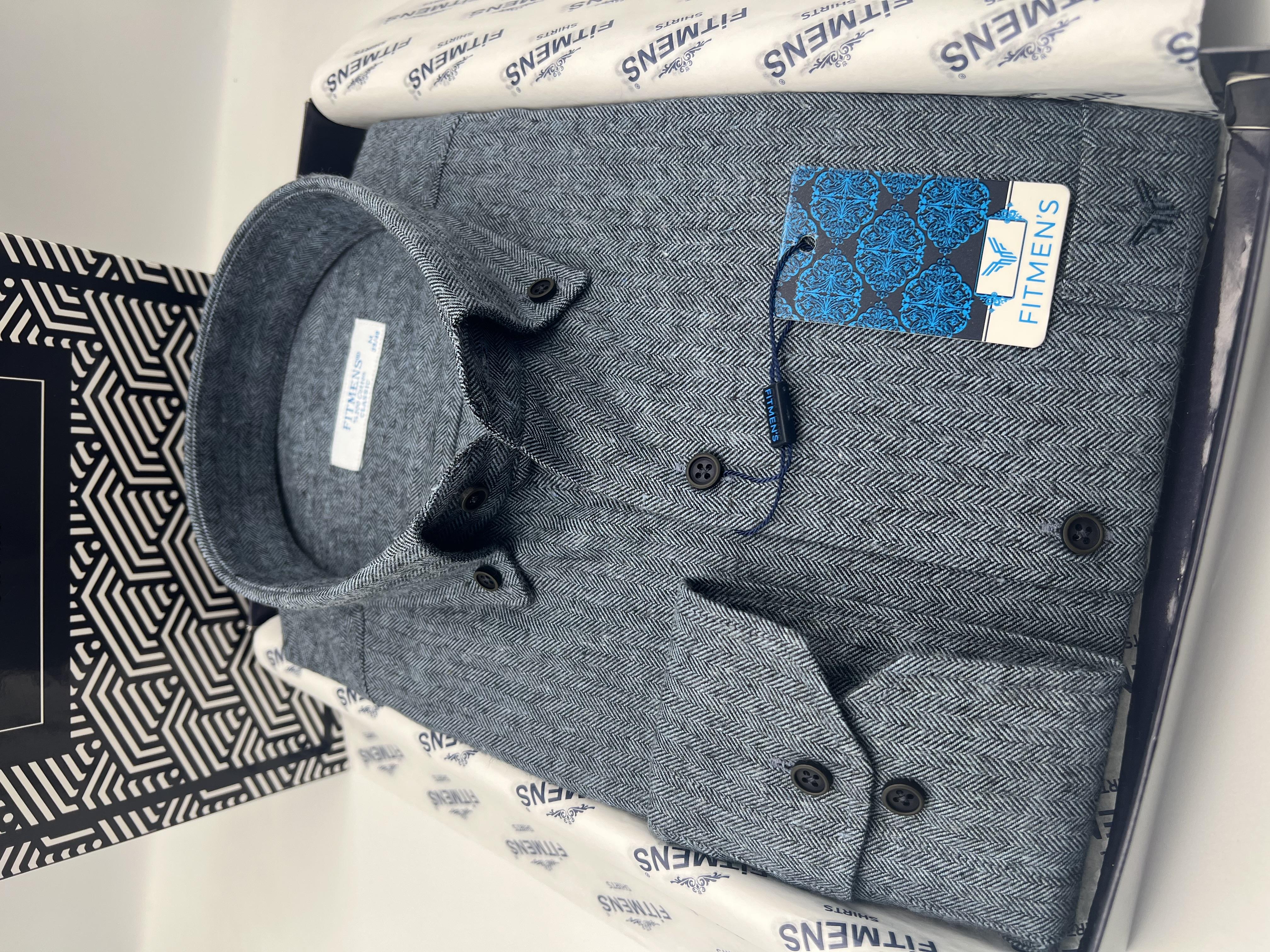 Klasik Uzun Kol Kışlık %100 Cotton Balıksırtı Yaka Düğmeli Hediye Kutulu Erkek Gömlek FS-001991 - İndigo