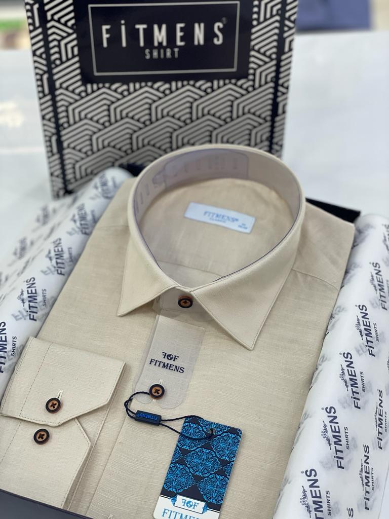 Klasik Uzun Kol Linen Keten Erkek Cepsiz Hediye Kutulu Gömlek FS-003044 - Bej
