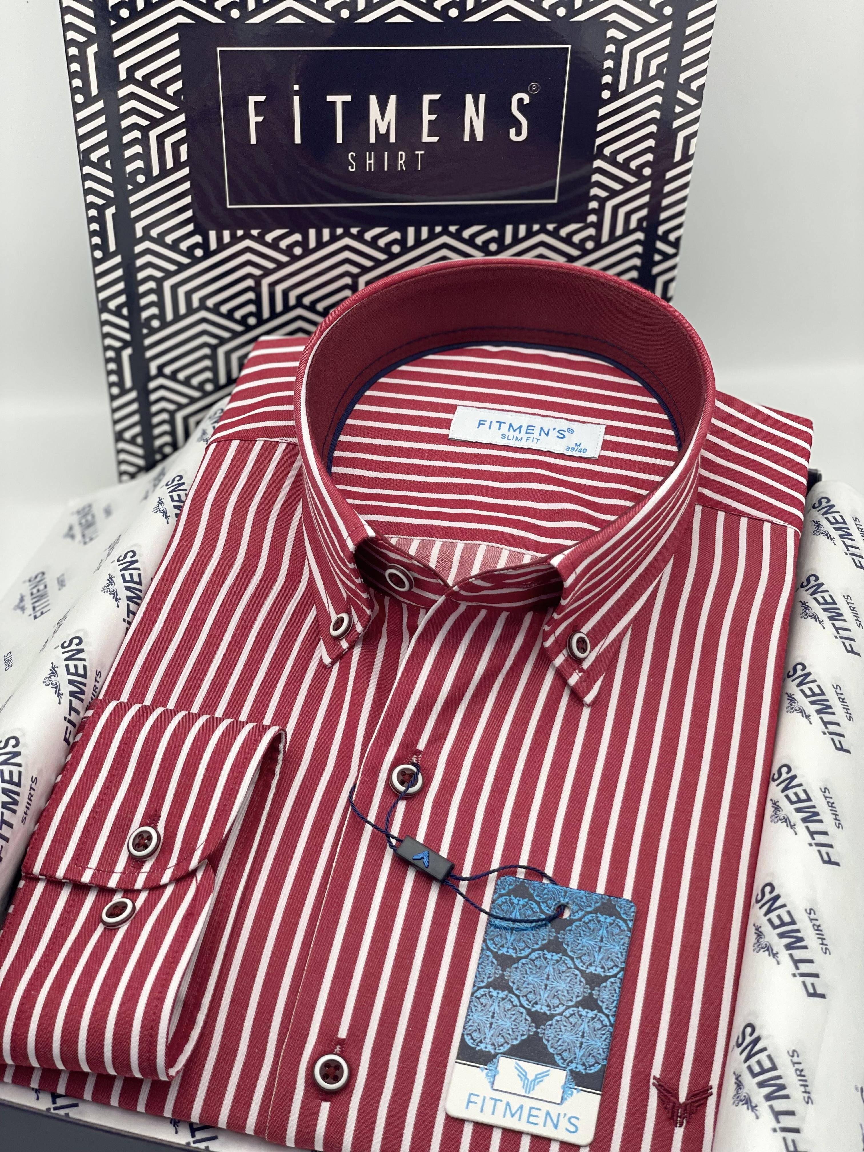 Slim Fit Uzun Kol Premium Kalın Çizgili Yaka Düğmeli Hediye Kutulu Kolay Ütülenebilir Erkek Gömlek FS-001375 - Bordo