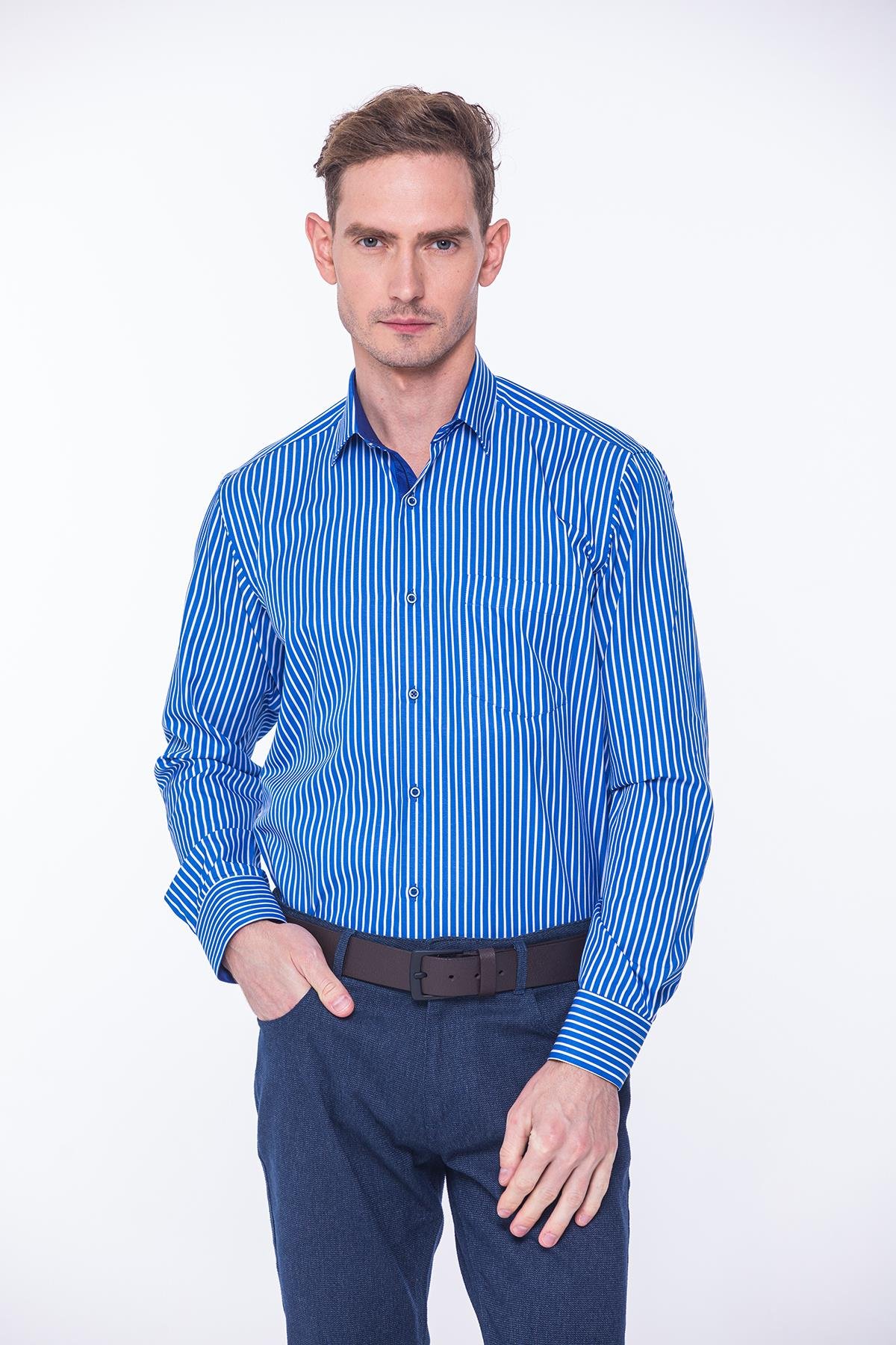 Klasik Uzun Kol Premium Kalın Çizgili Hediye Kutulu Erkek Gömlek FS-001266 - Saks Mavi Beyaz