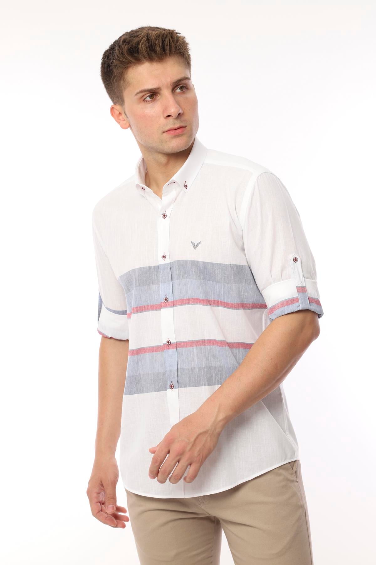 Slim Fit Uzun Kol Panolu Keten Hediye Kutulu Kolay Ütülenebilir Erkek Gömlek FS-002995 - Bordo Lacivert