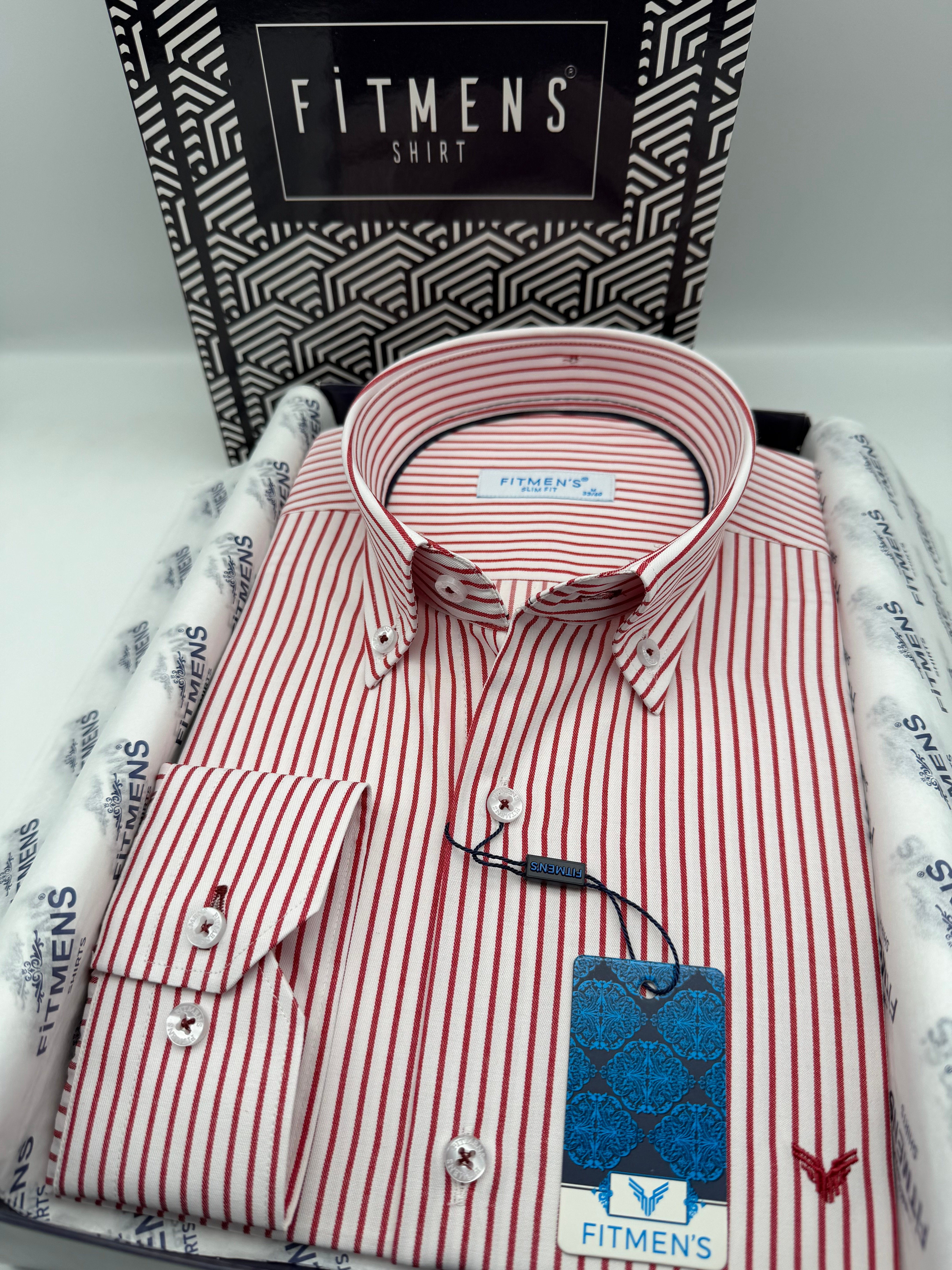 Slim Fit Uzun Kol Premium Çizgili Yaka Düğmeli Hediye Kutulu Erkek Gömlek FS-004440 - Bordo