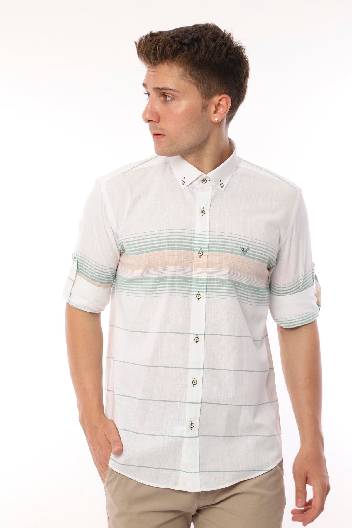 Slim Fit Uzun Kol Panolu Keten Hediye Kutulu Kolay Ütülenebilir Erkek Gömlek FS-002994 - Yeşil