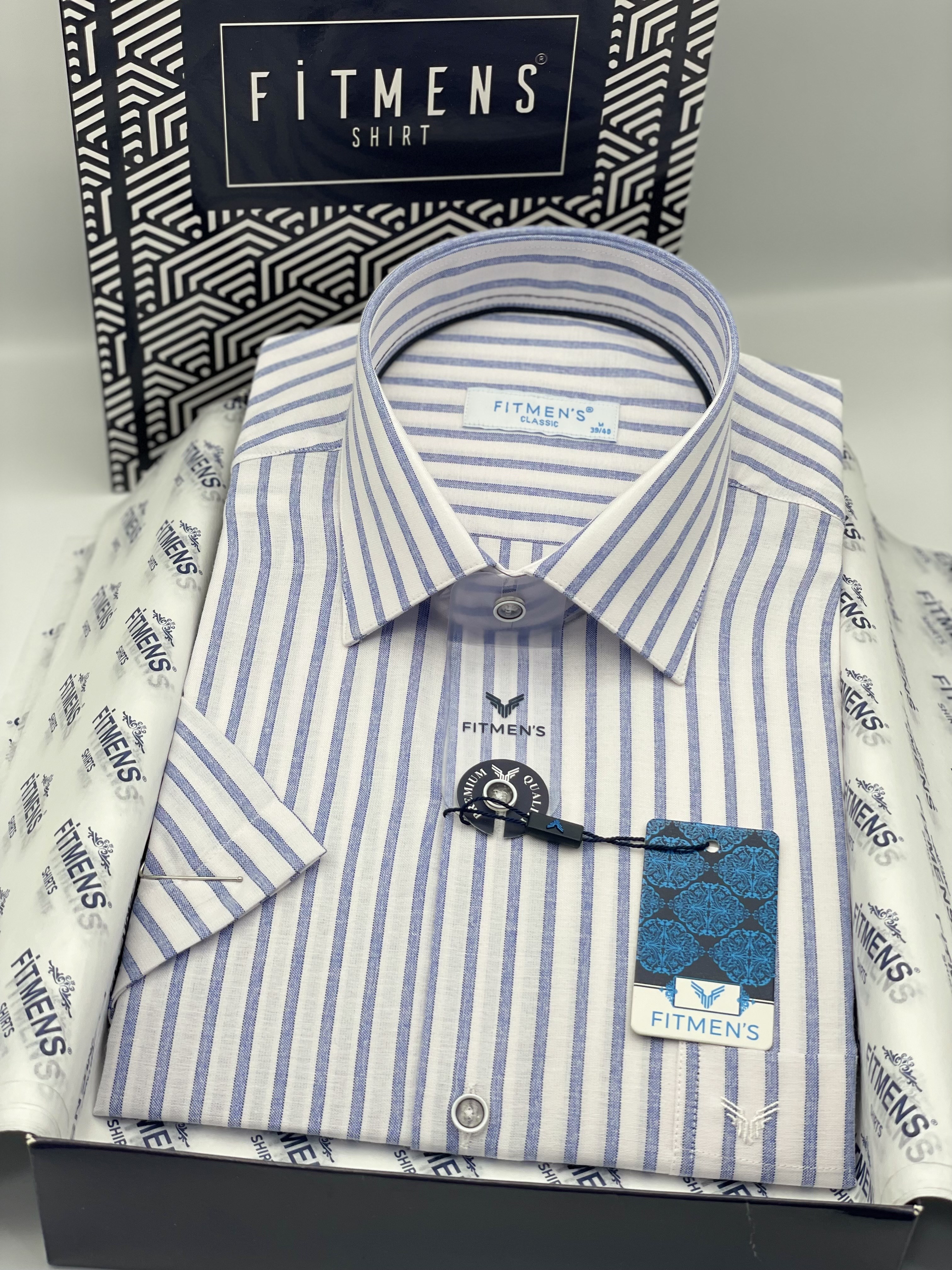 Klasik Kısa Kol Keten Cotton Nefes Alan Kumaş Hediye Kutulu Erkek Gömlek FS-004571 - Mavi