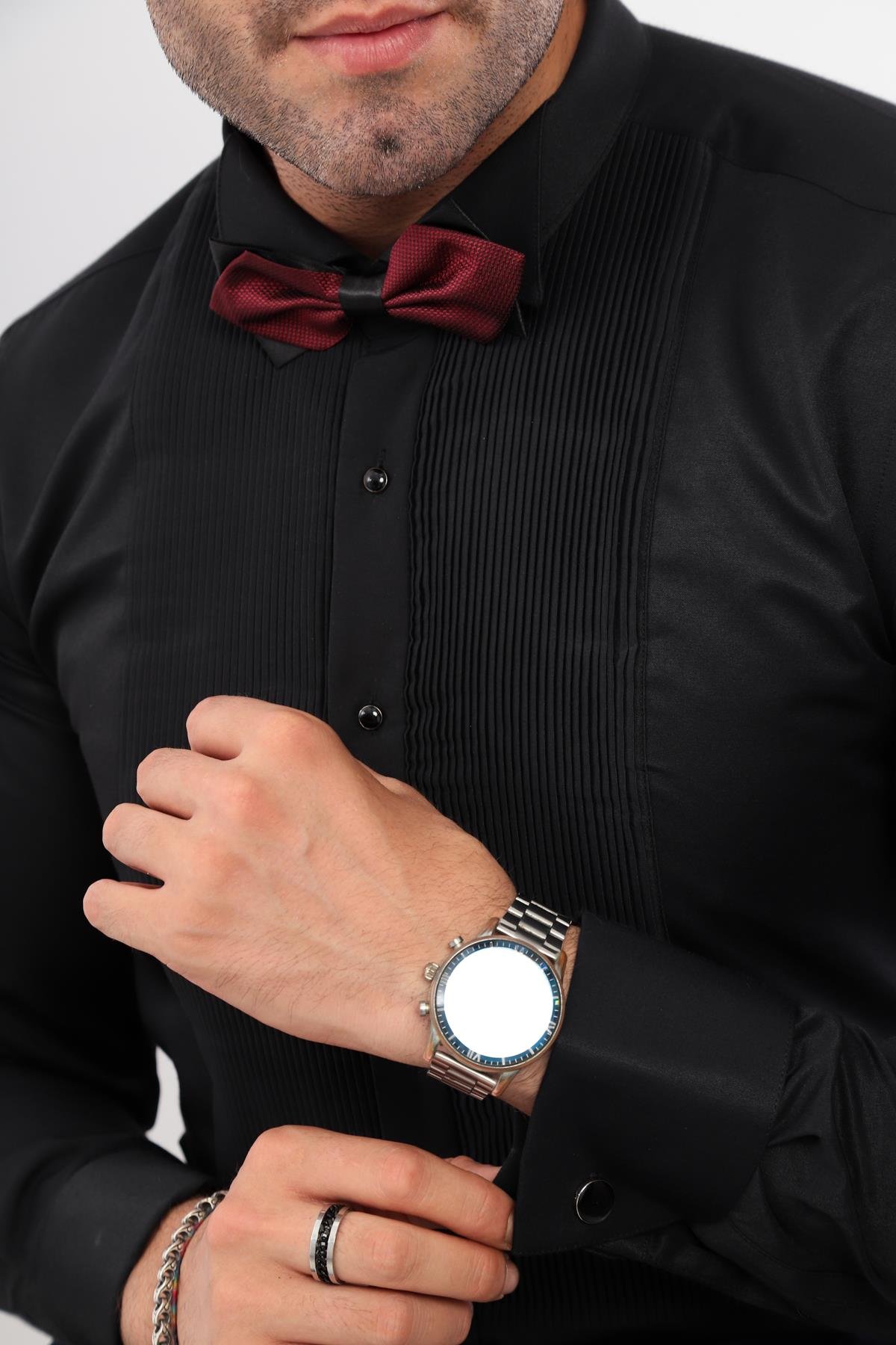 Slim Fit Uzun Kol Soft Saten Smokin Damatlık Erkek Hediye Kutulu Gömlek FS-001947 - Siyah