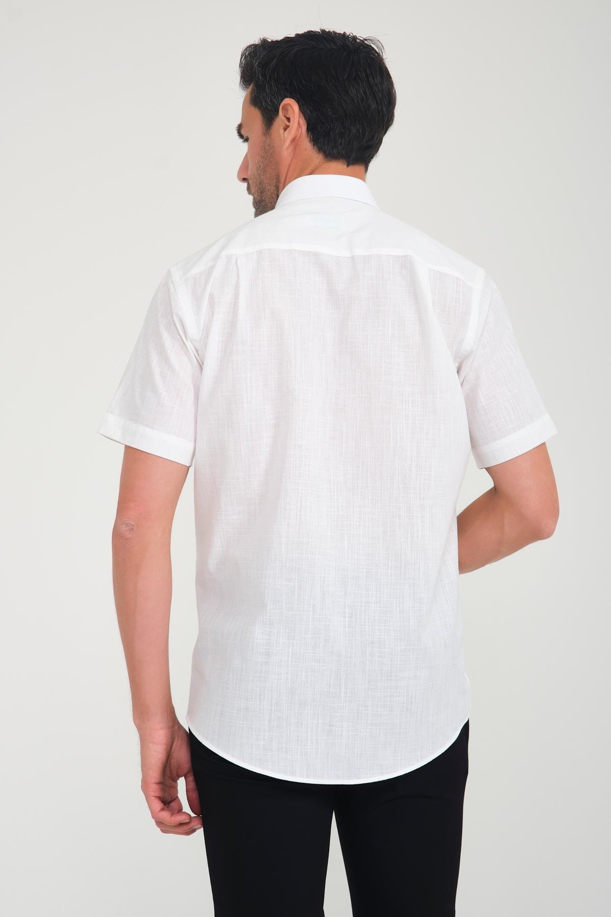 Klasik Kısa Kol Linen Keten Yaka Düğmeli Hediye Kutulu Erkek Gömlek FS-001202 - Ekru