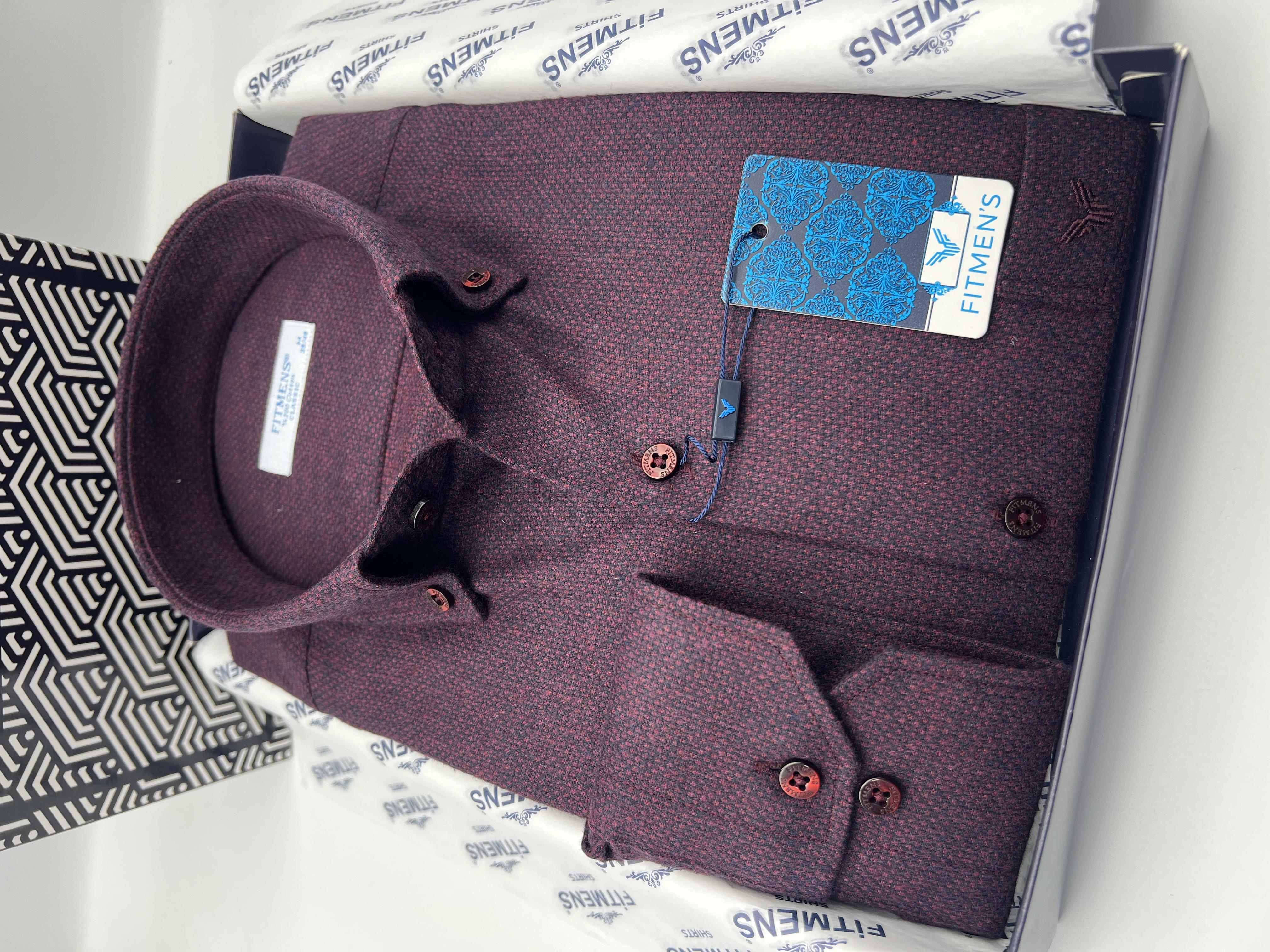 Klasik Uzun Kol Kışlık Kuşgözü Yaka Düğmeli Yünlü %100 Cotton Hediye Kutulu Erkek Gömlek FS-003768 - Bordo