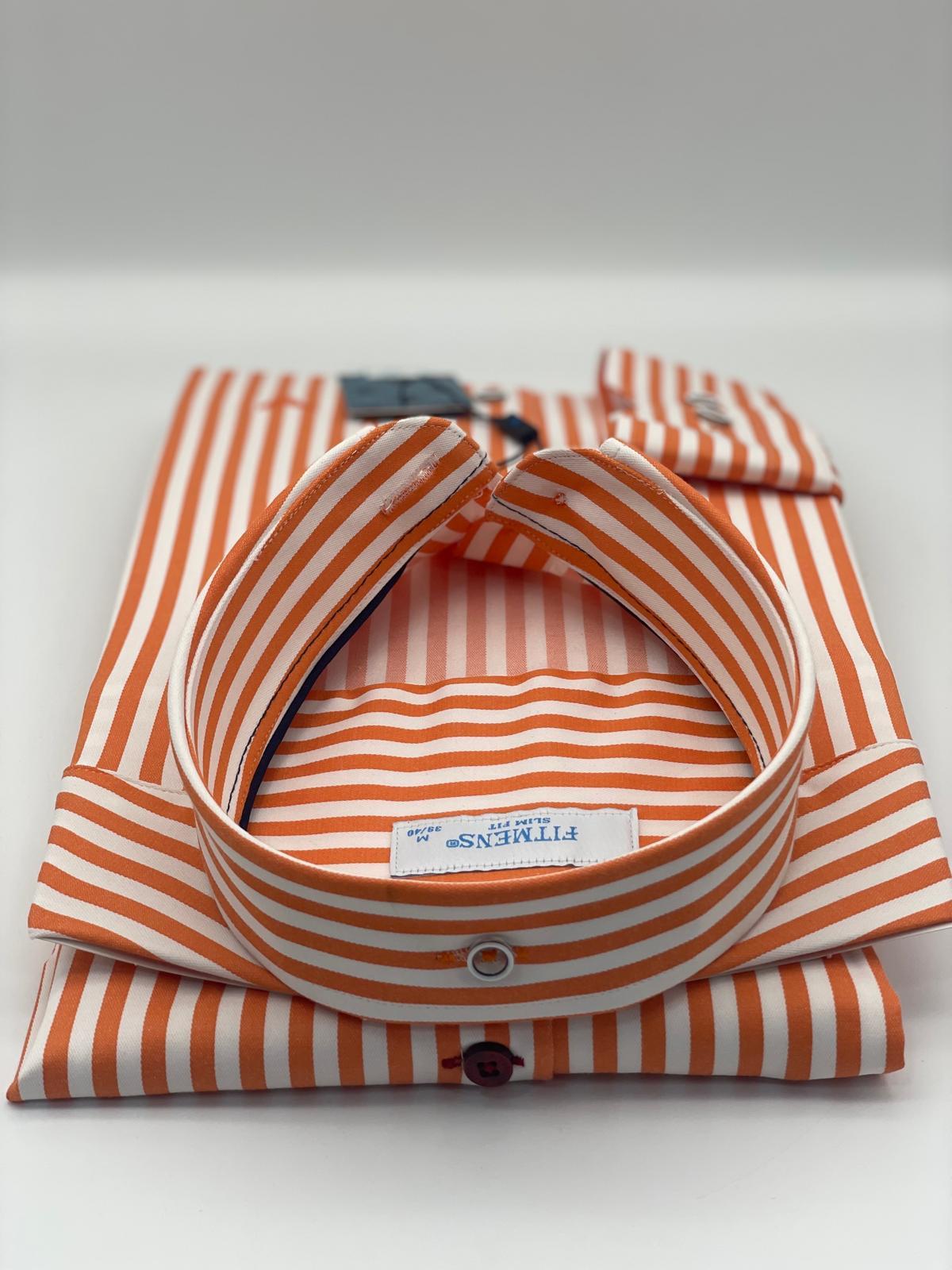 Slim Fit Uzun Kol Likralı Çizgili Yaka Düğmeli Hediye Kutulu Erkek Gömlek FS-003669 - Turuncu